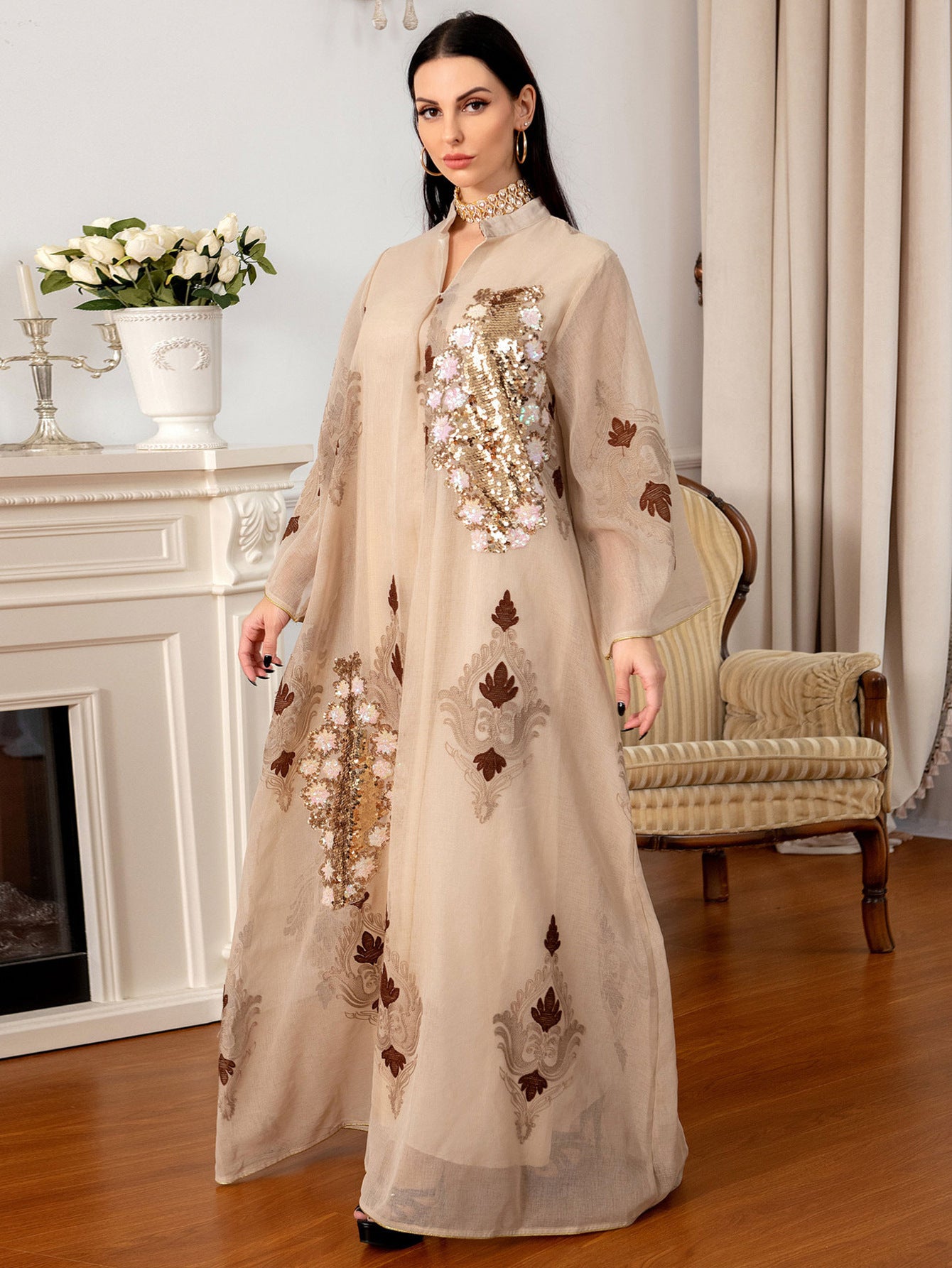 Sequin Leaf Embroidered Cardigan Abaya Dress Open Front Long Robe Modest Maxi Dress for Muslim Women Eid Ramadan S-XXL