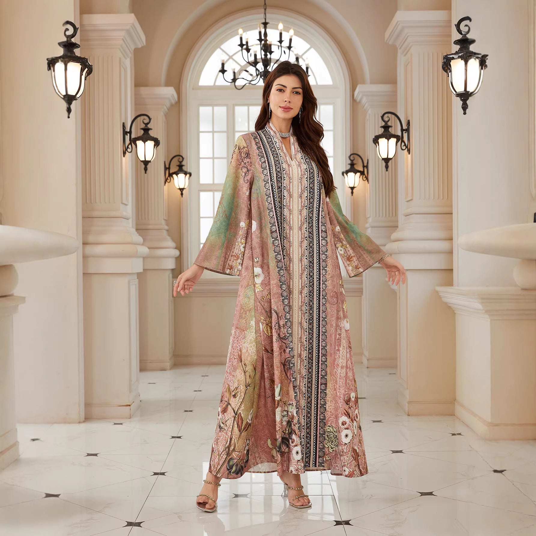 Fresh Floral Spring Kaftan – Rhinestone Modest Pullover Dress
