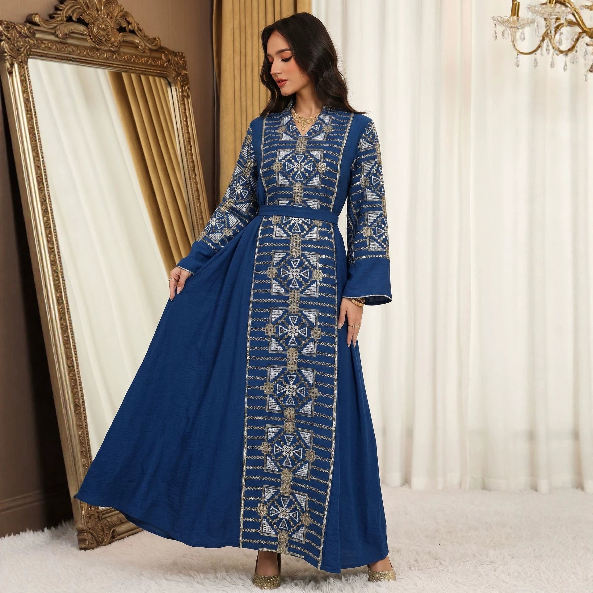 Gold Thread Sequin Embroidered Luxury Gown Jalabiya Modest Long Maxi Evening Dress for Muslim Women Eid Ramadan S-XXL