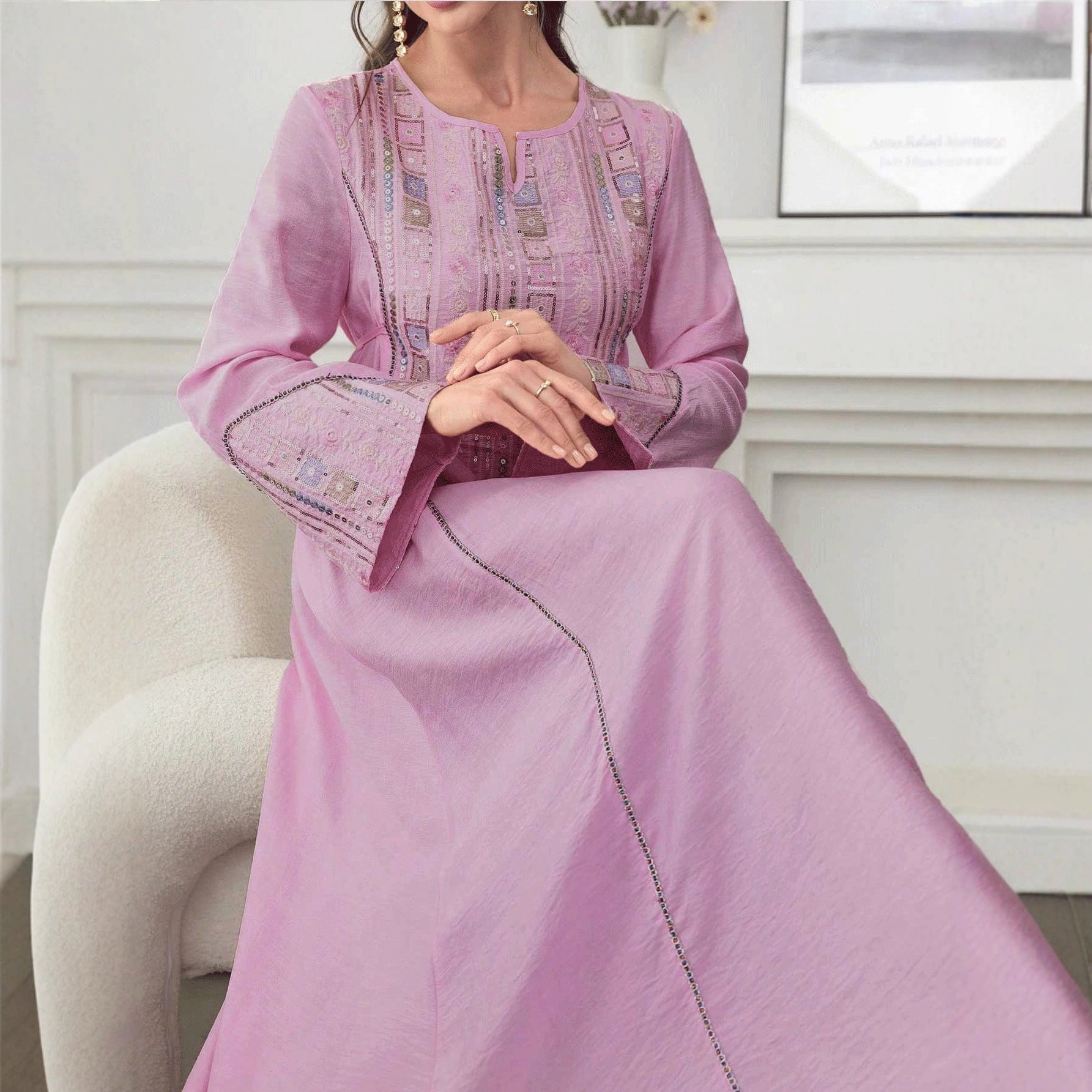 Sequin Embroidered Long Dress with Cover-Up Jalabiya Modest Long Maxi Dress for Muslim Women Ramadan Prayer Casual Wear S-XXL