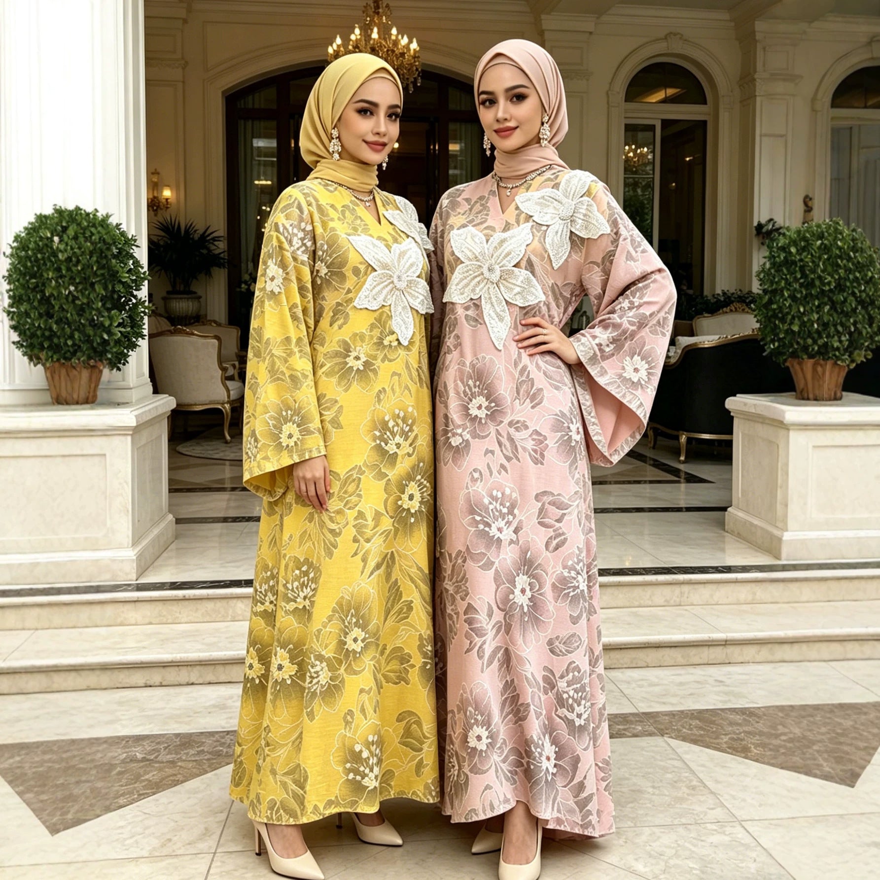 Yellow Pink Heavy Rhinestone Floral Embroidered Gown Batwing Sleeve Jalabiya Modest Long Maxi Dress for Muslim Women Eid Ramadan