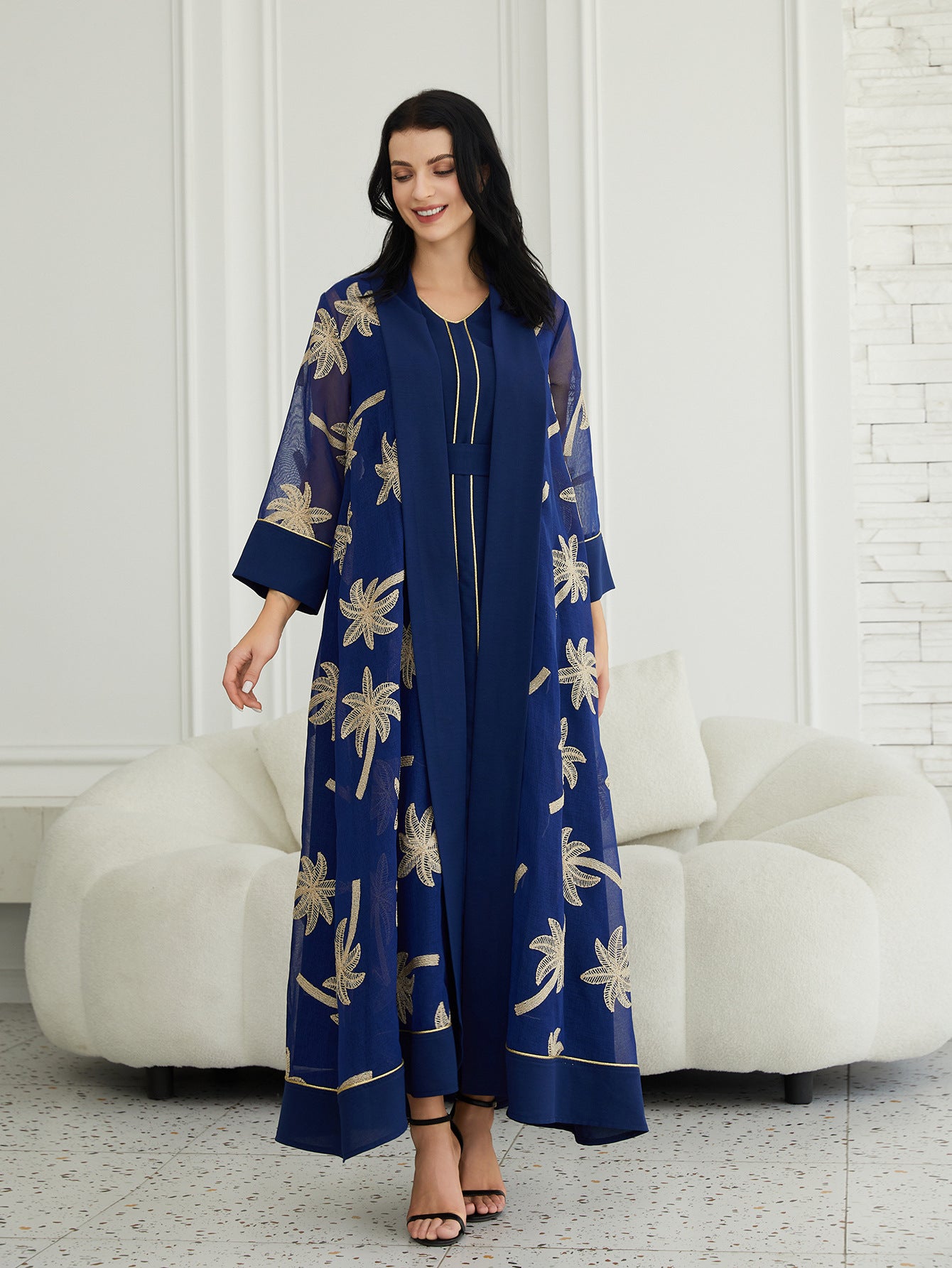Refined Navy & White 2-Piece Abaya Set – Modest Open Cardigan