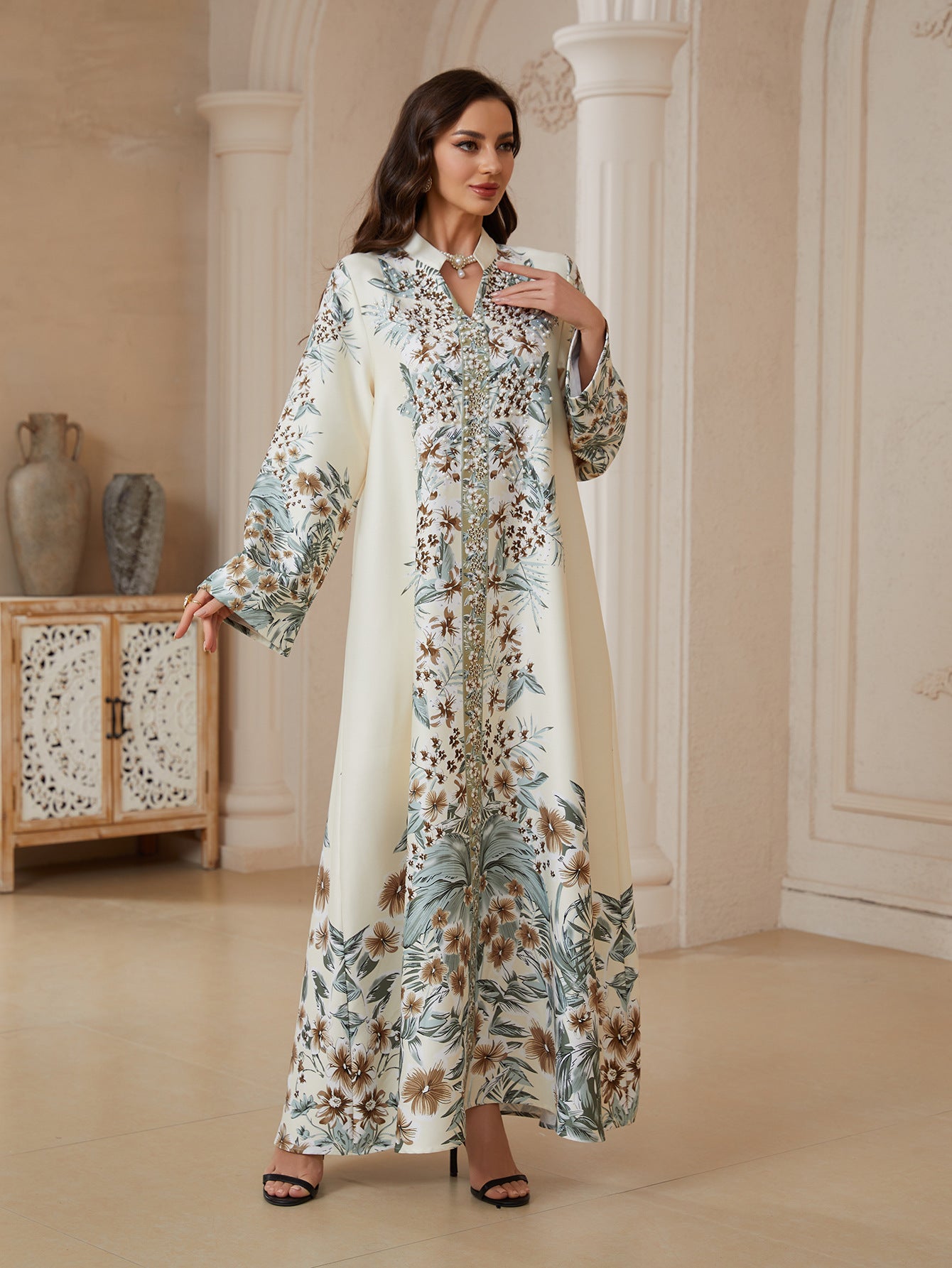 Confident Light Yellow Print Kaftan – Modest Muslim Plus-Size Maxi
