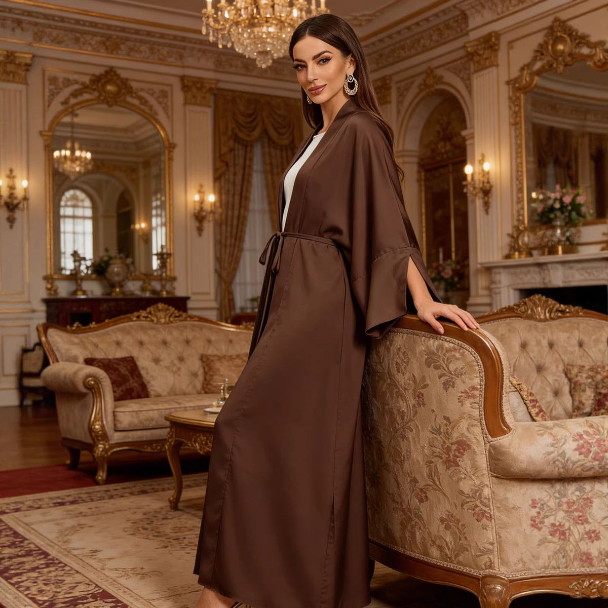 Chic Belted Open Front Slit Sleeve Cardigan Long Maxi Abaya Robe Modest Muslim Kaftan Dress for Women Eid Ramadan One Size