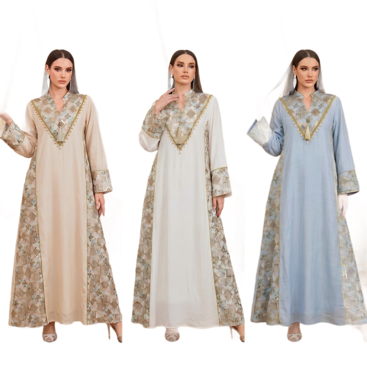 White Apricot Light Blue V-Neck Embroidered Pendant Evening Maxi Abaya