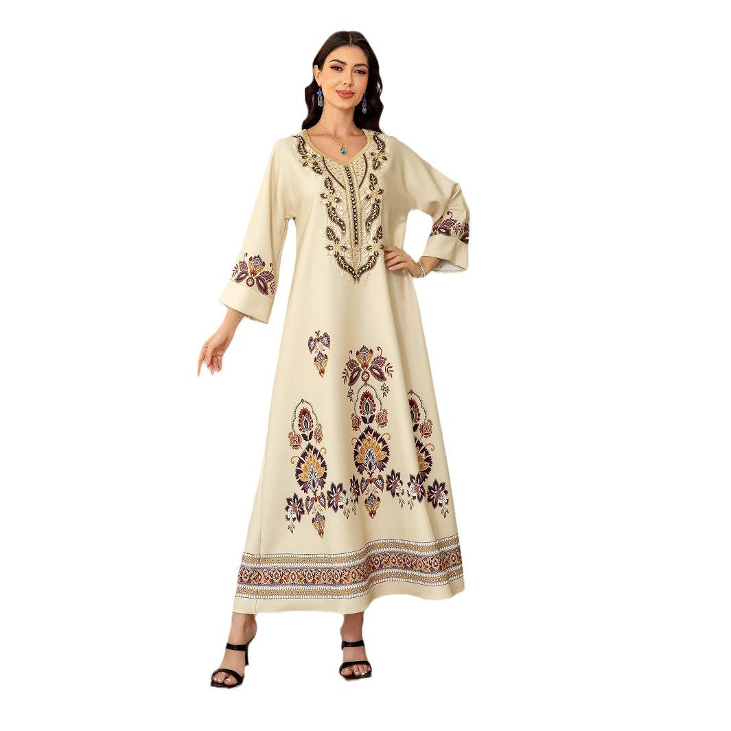 Apricot Floral Print Embroidered Rhinestone Maxi Abaya Dress