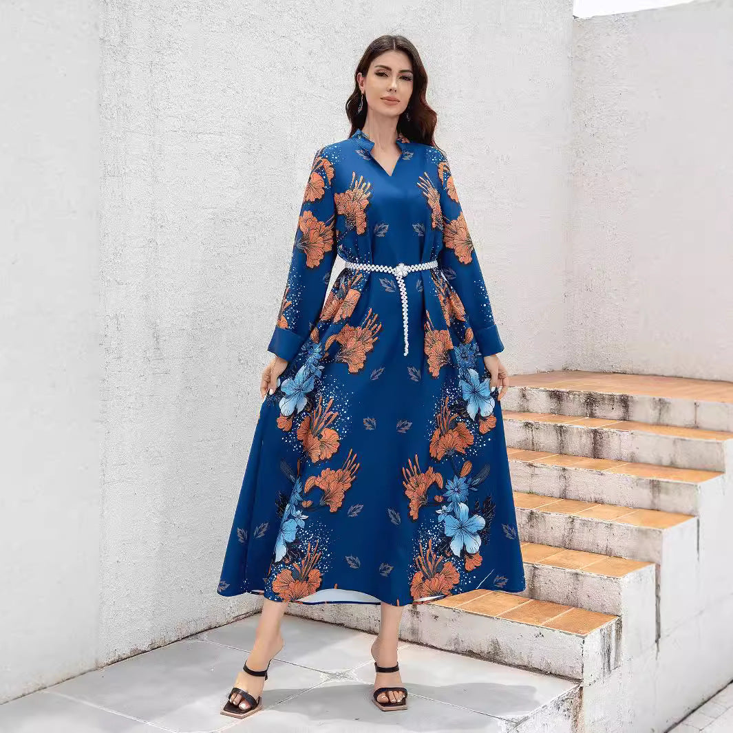 Navy Floral Print Pearl Belt Maxi Abaya Dress - Plus Size Modest
