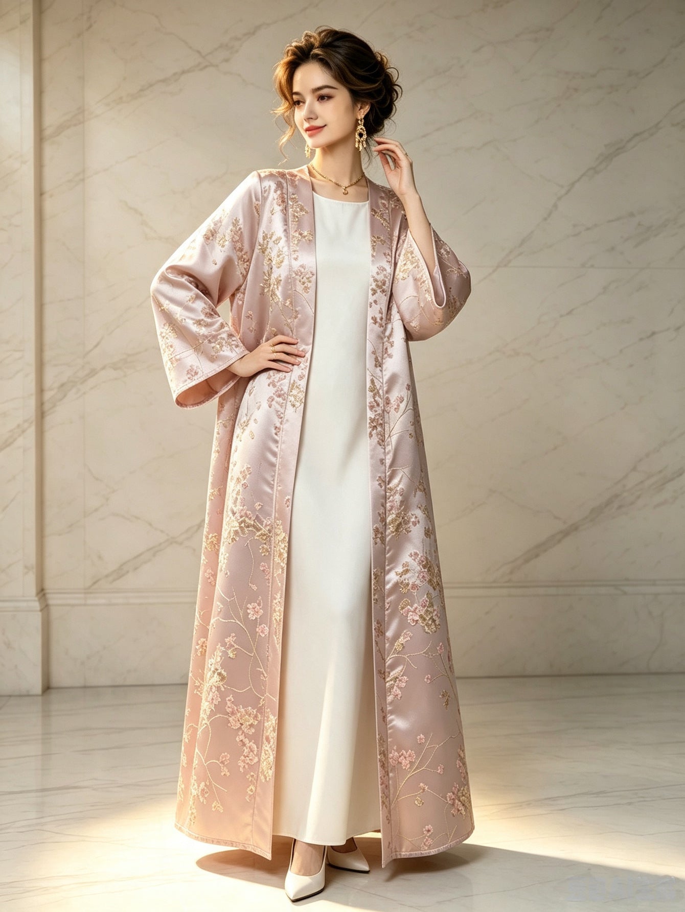 Pink Satin Gold Thread Embroidered Open Cardigan Maxi Abaya Dress Jalabiya Modest Long Dress for Eid Ramadan Festive Celebration S-XXL