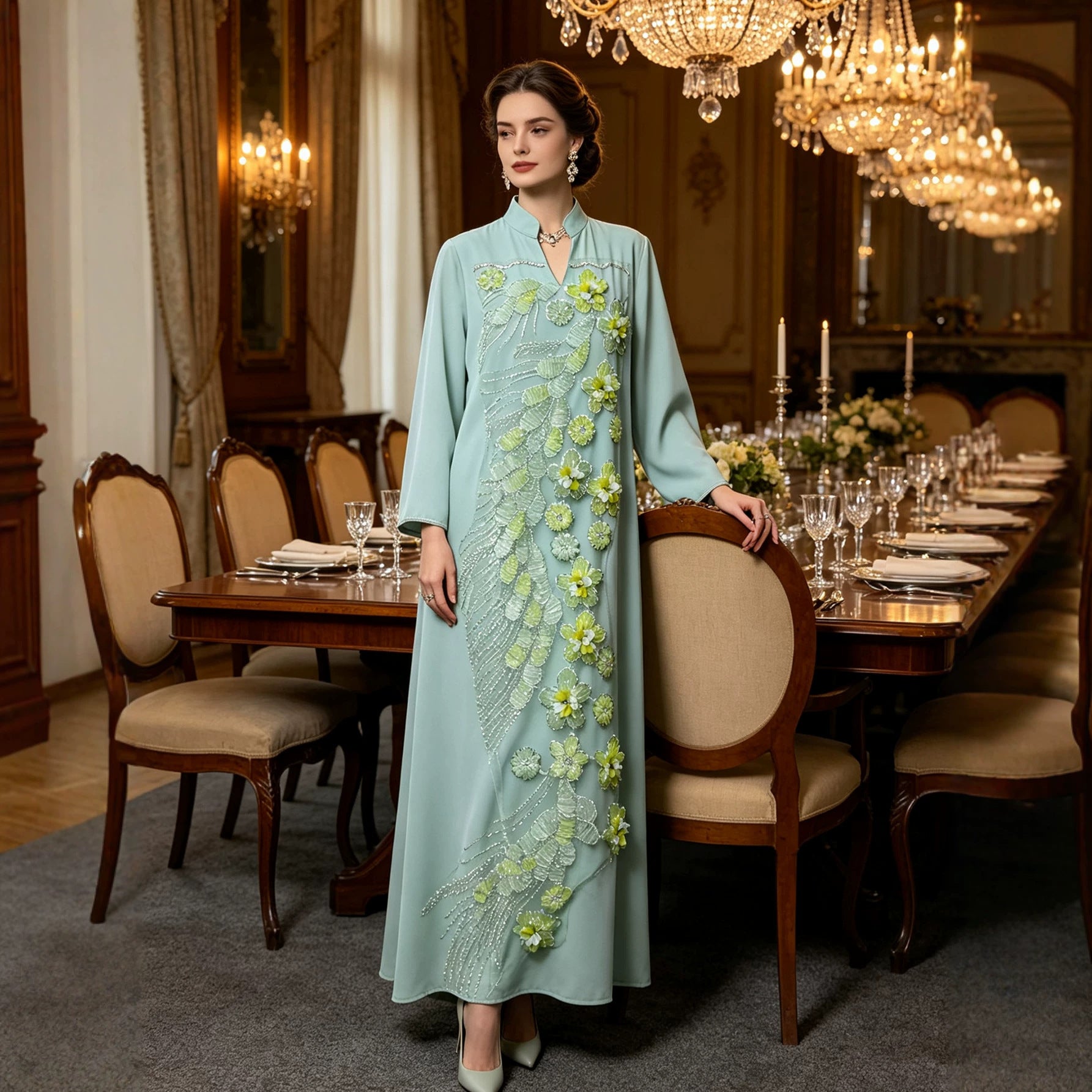 Mint Green Stand Collar Beaded Floral Applique Maxi Abaya Dress Jalabiya Modest Long Dress for Muslim Women Ramadan Prayer Casual Wear S-XXL