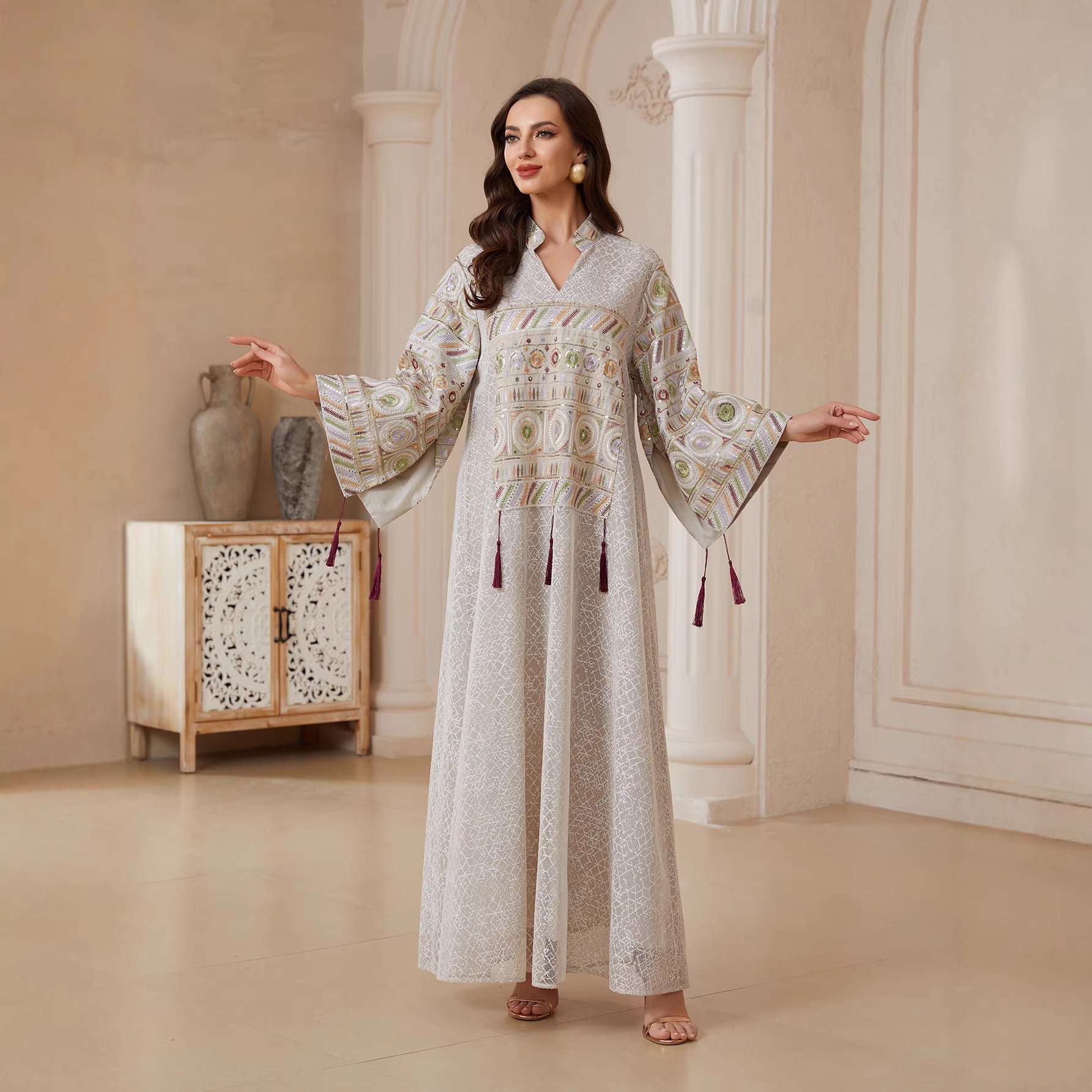 Women Off White Crack Textured Jacquard Heritage Geometric Embroidery Luxury Beaded Tassel Split Stand Collar Flare Sleeve Moroccan Caftan Loose Full Length Gulf Modest Maxi Robe For Eid Al Fitr Nikkah Wedding