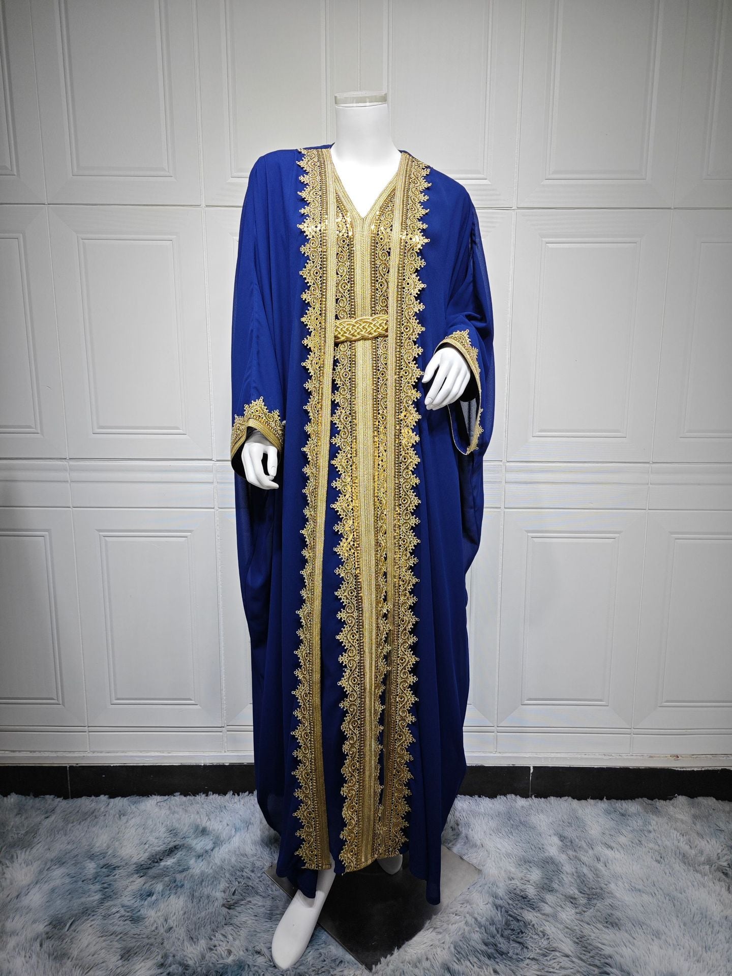Sky Blue Navy and Rose Red Beaded Open Cardigan Maxi Dress Set with Vest