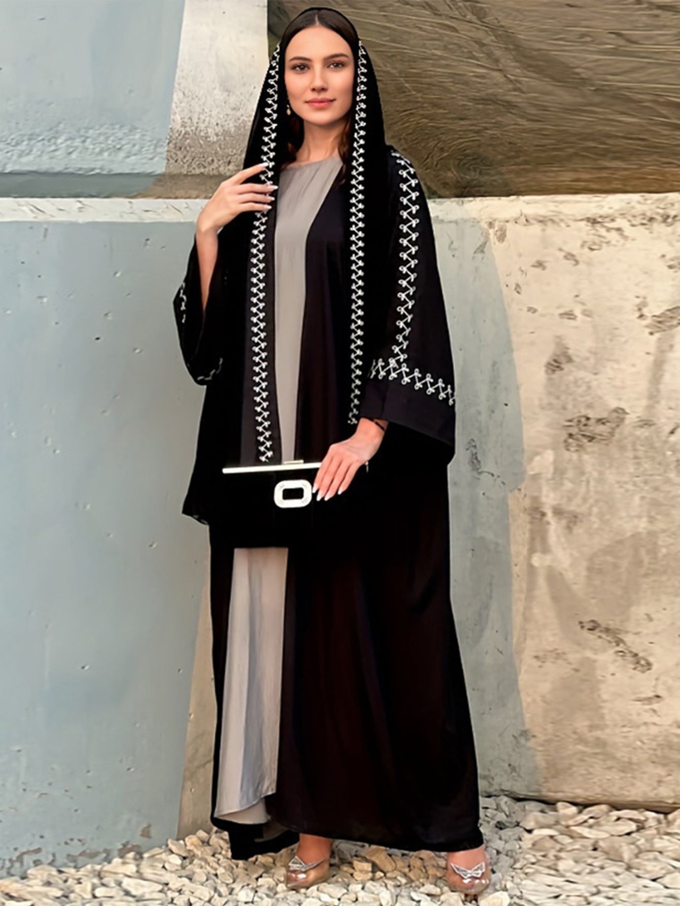 Embroidered Open-Front Cardigan with Hijab Set Jalabiya Abaya Long Maxi Dress for Muslim Women Eid Ramadan Banquet Gown S-XXL