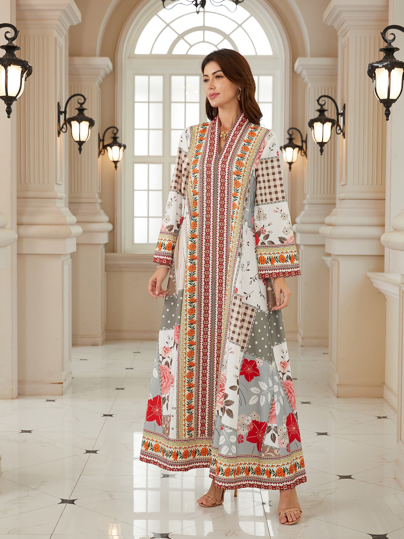 Elegant Floral V-Neck Abaya – Rhinestone Modest Maxi Dress