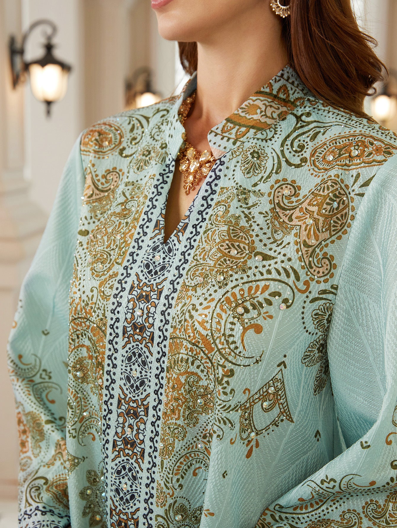 Light Cyan Paisley Print Stand Split V Neck Abaya Full Long Flare Sleeve Loose Modest Muslim Women Kaftan Dress For Ramadan Wedding Eid Party