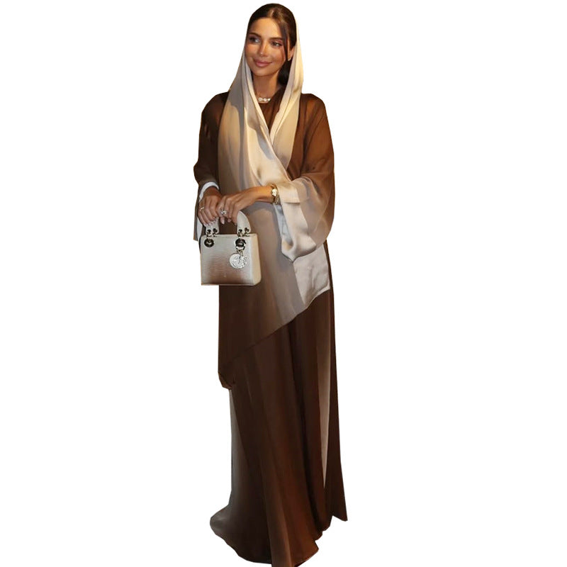 Blue and Brown Floral Print Chiffon Gradient Maxi Dress with Hijab Two-Piece Set