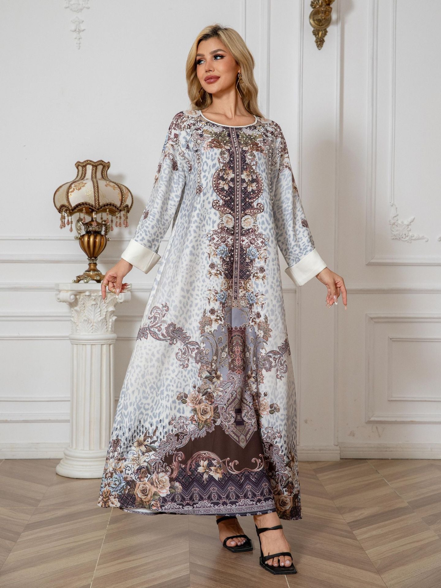 Grey Floral Print Mandarin Collar Rhinestone Plus Size Maxi Abaya Dress
