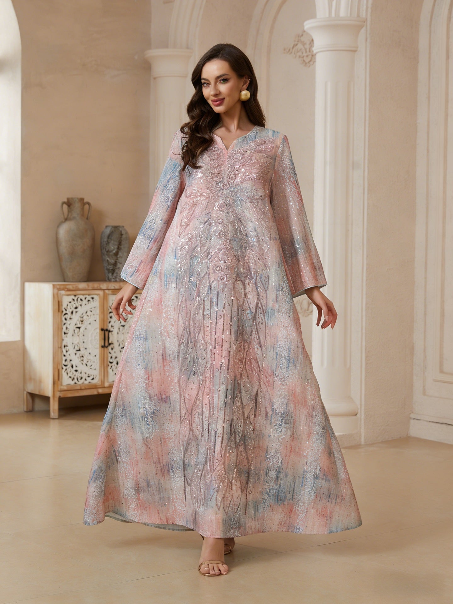 Dubai Islamic Modest Abaya Pink Blue Gradient Tie Dye V Neck Shiny Sequin Embroidery Wide Bell Sleeve Oversized Kaftan Gown For Muslim Ladies Holiday Party