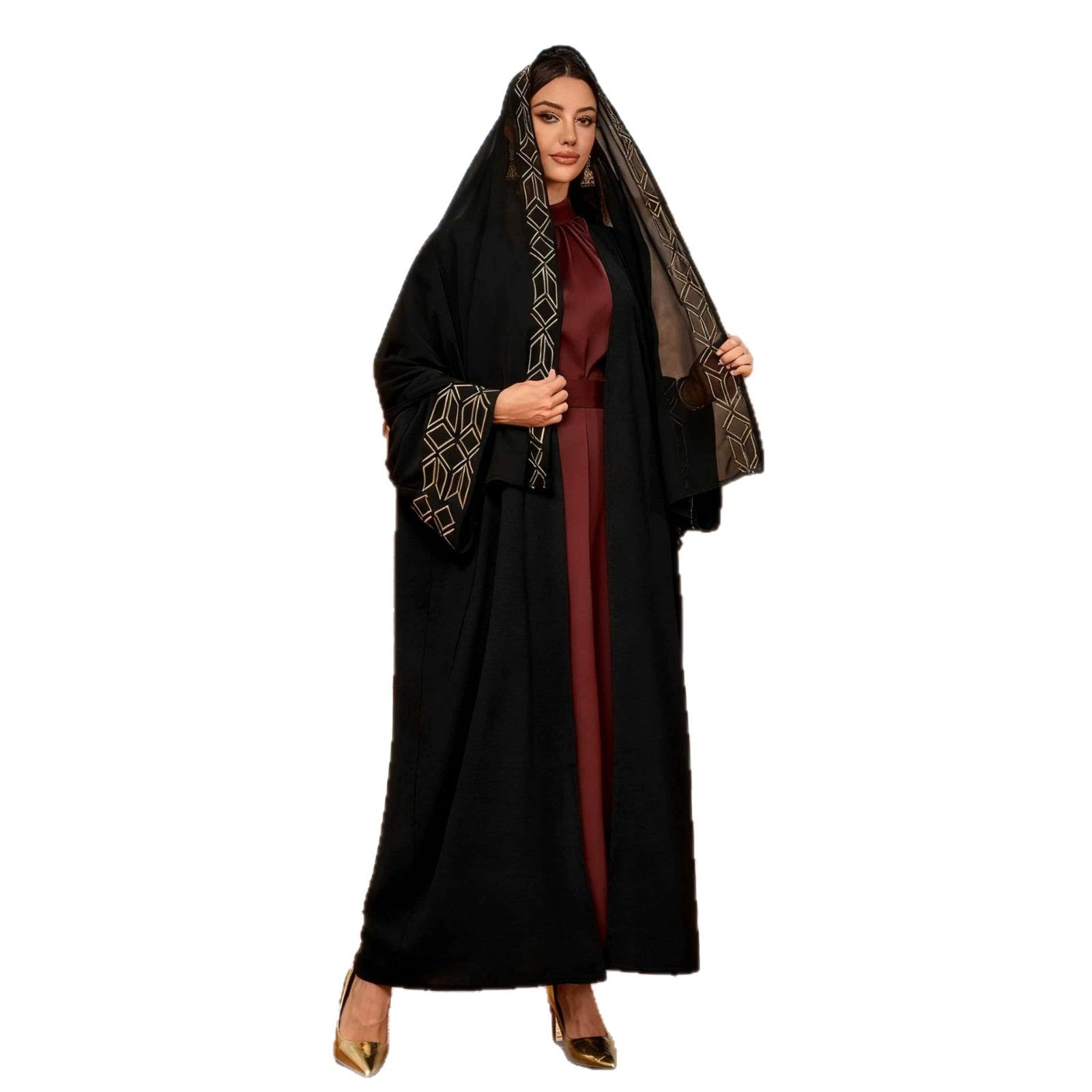 Black Embroidered Open Outerwear Maxi Abaya Dress with Hijab Two-Piece Set - Free Size