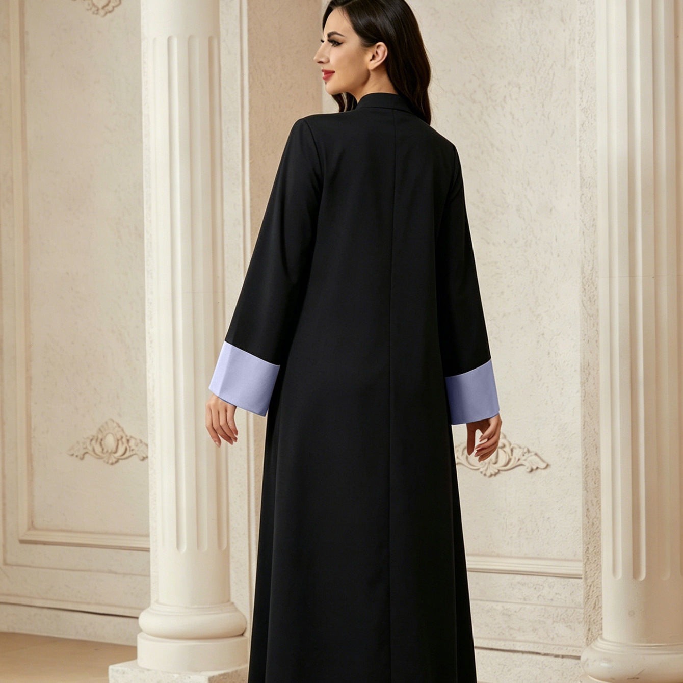Premium Sequined Floral Embroidered Abaya Women Black Tone Mandarin Collar Contrast Lilac Wide Cuff Floor Length Loose Modest Outfit For Middle East Wedding & Eid Celebration