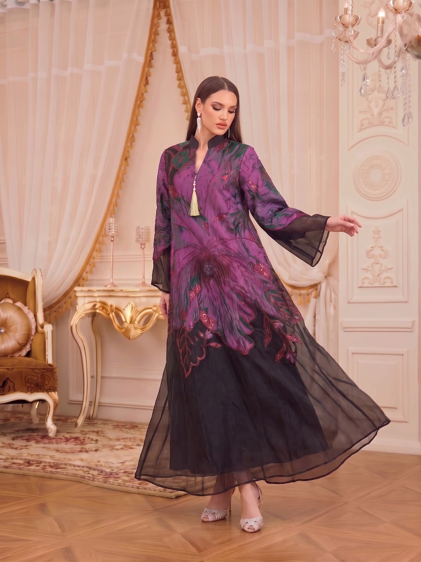 Multi-Color V-Neck Jacquard Lined Evening Maxi Abaya Dress