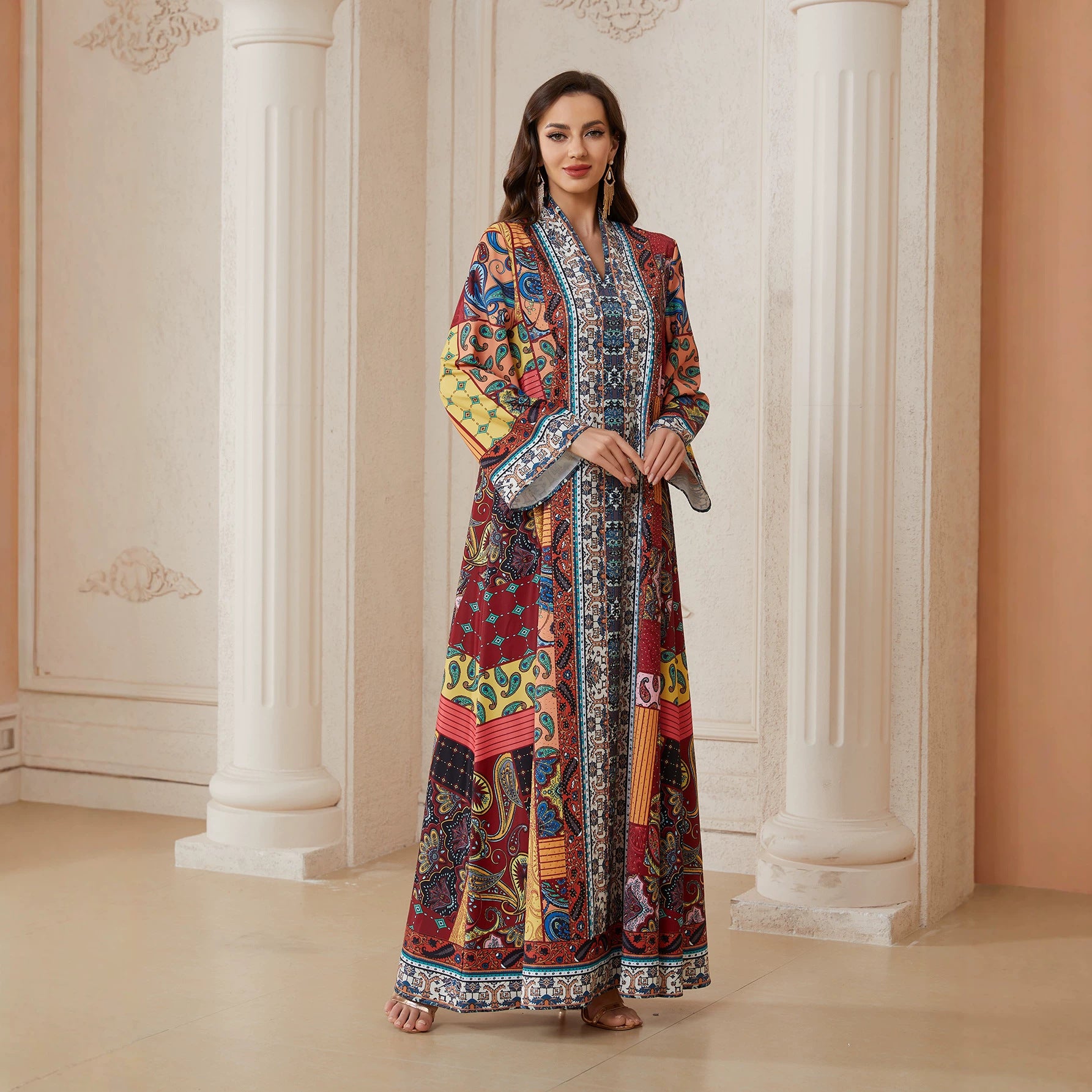 Floral Print Rhinestone Ethnic Abaya Robe - Modest Muslim Dress