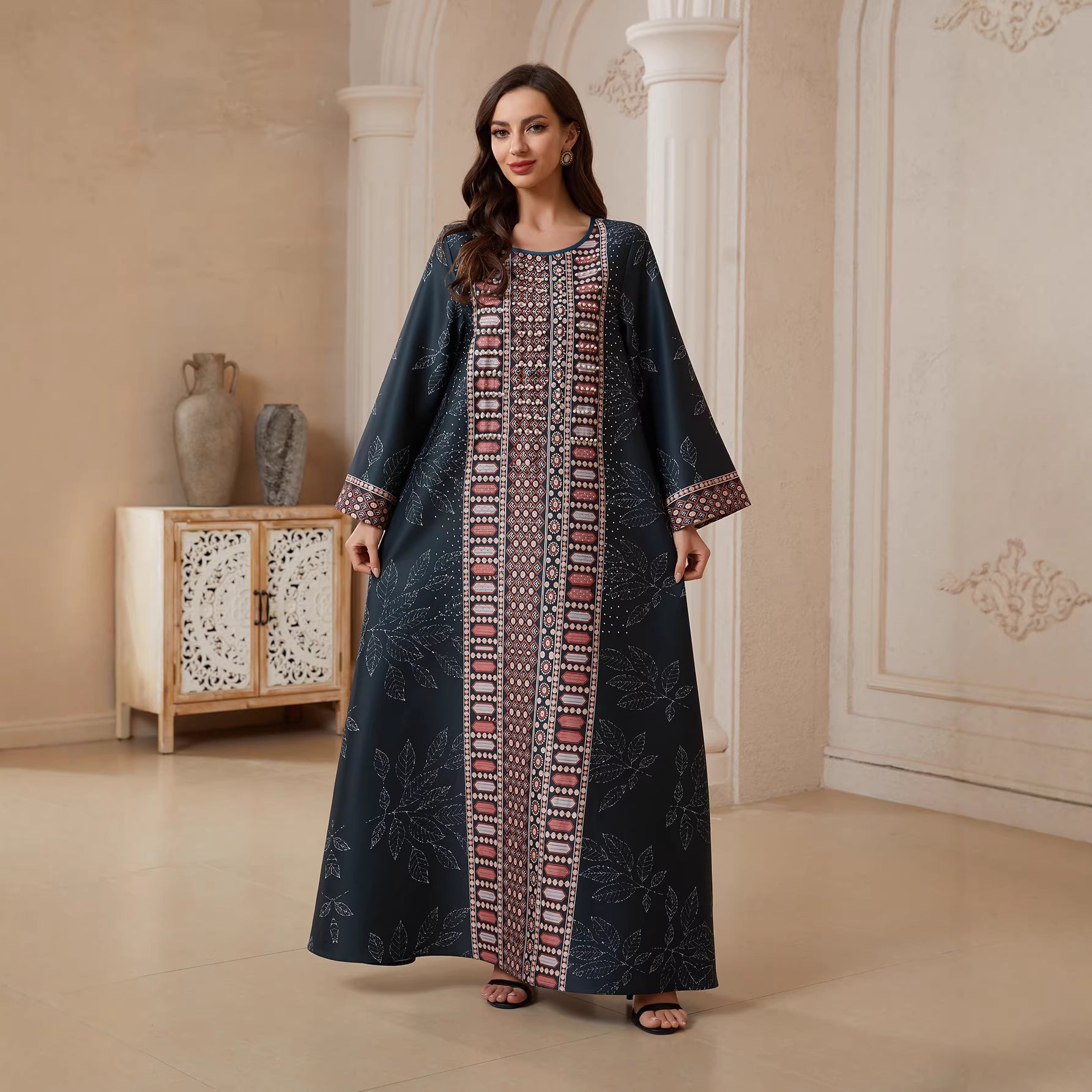 Women Round Neck Vertical Geometric Rhinestone Print Abaya Leaf Pattern Long Sleeve Maxi Jalabiya Dark Navy Matte Crepe Ethnic Modest Gown For Eid Mubarak Ramadan Wedding Evening Party
