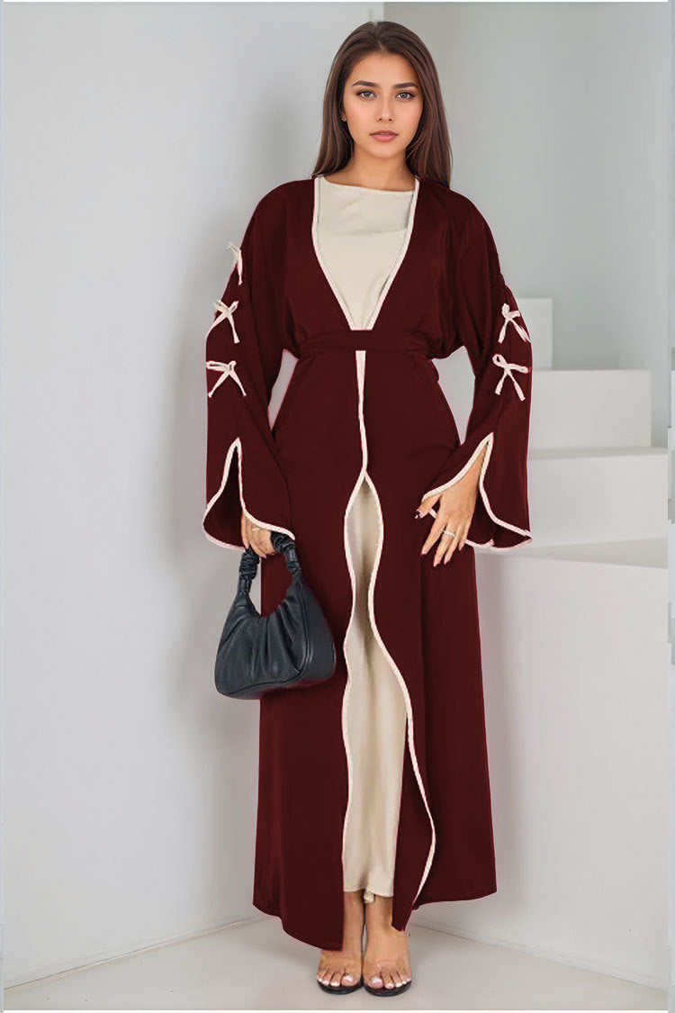 Wine Red Trim Long Open Cardigan Maxi Abaya with Belted Sleeves