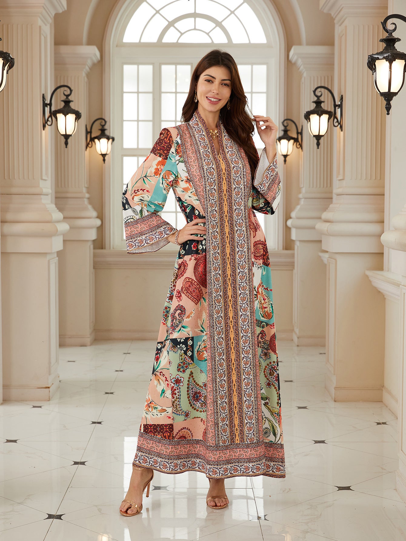 Boho Floral Jalabiya – Loose V-Neck Modest Maxi Dress