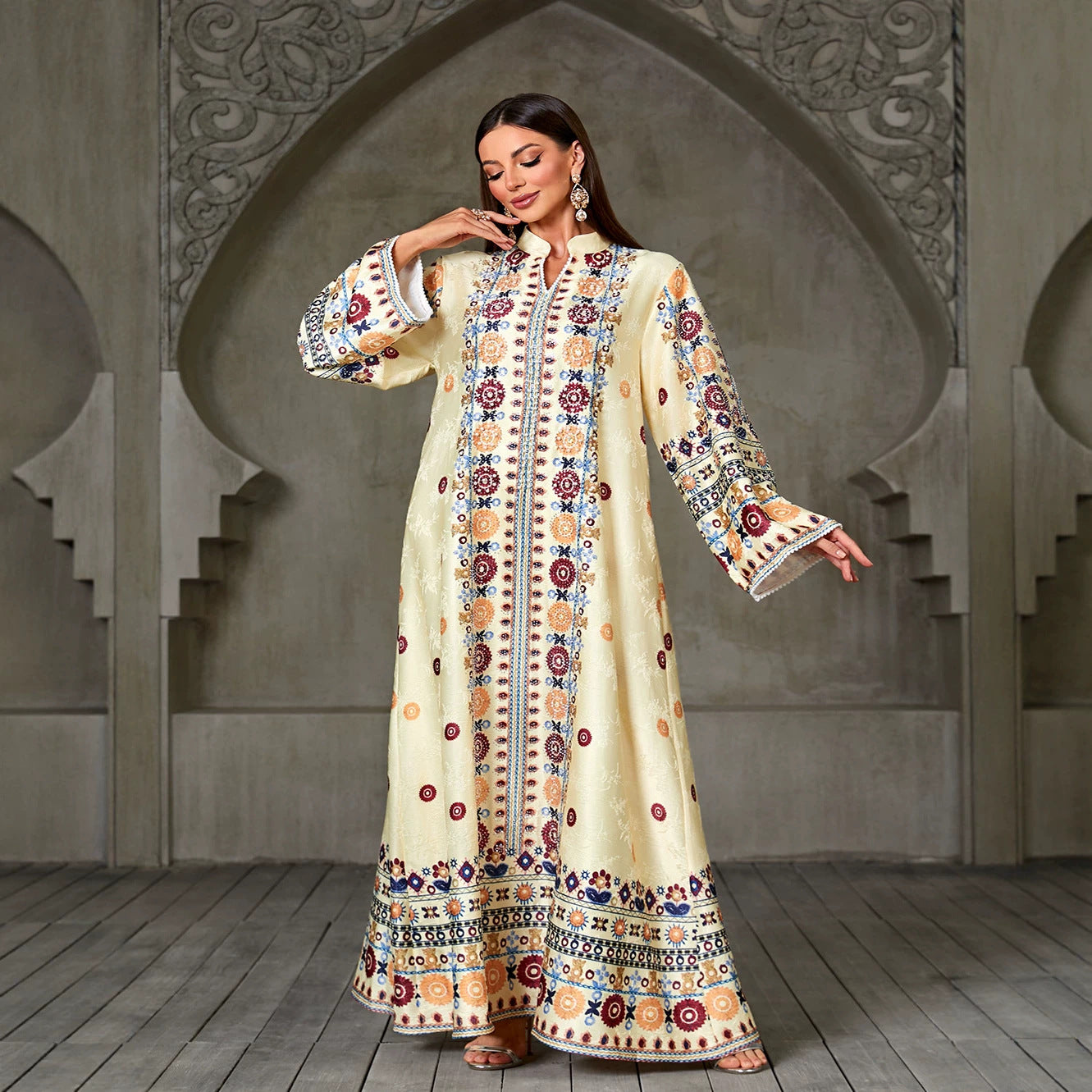 Handcrafted Beaded Jacquard Patterned Gown Jalabiya Modest Long Maxi Dress for Muslim Women Eid Ramadan Party S-XXL
