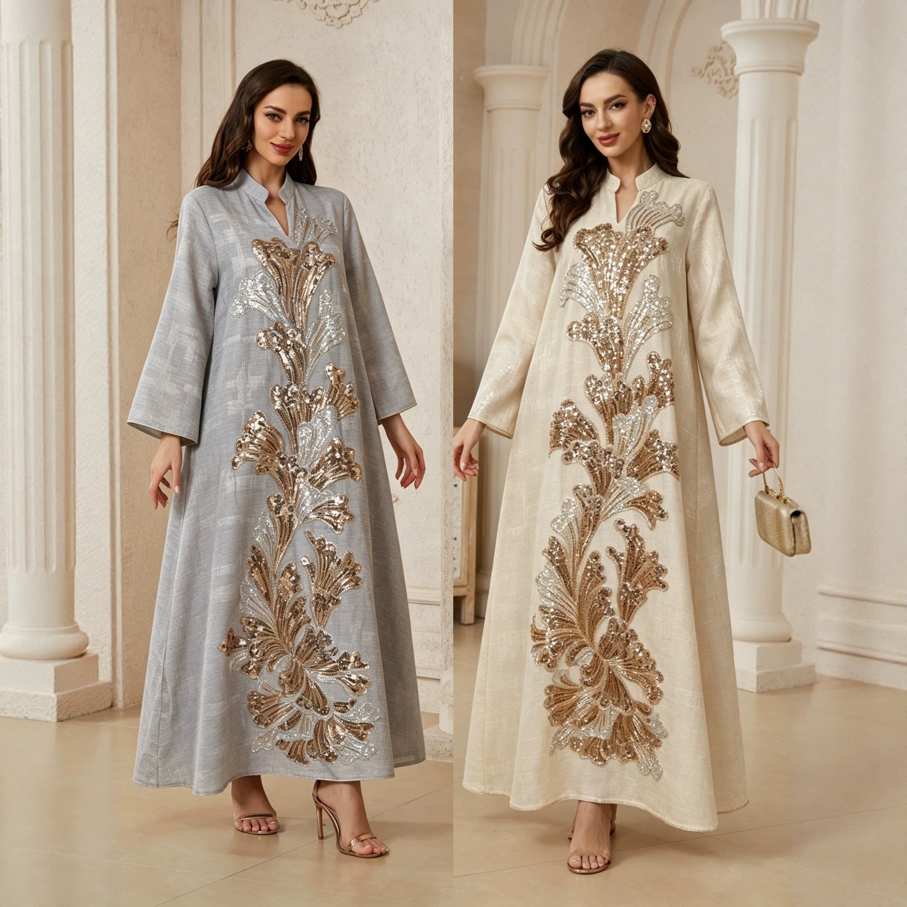 Apricot Grey Lotus Sequin Embroidered Draped Plus Size Gown Jalabiya Modest Long Maxi Dress for Muslim Women Eid Ramadan