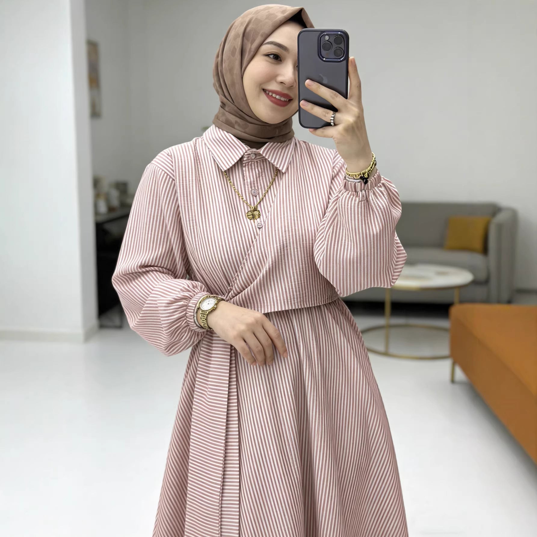 Striped Belted Button-Down Shirt Collar Faux Two-Piece Modest Maxi Dress Muslim Women Abaya Jalabiya Kaftan for Eid