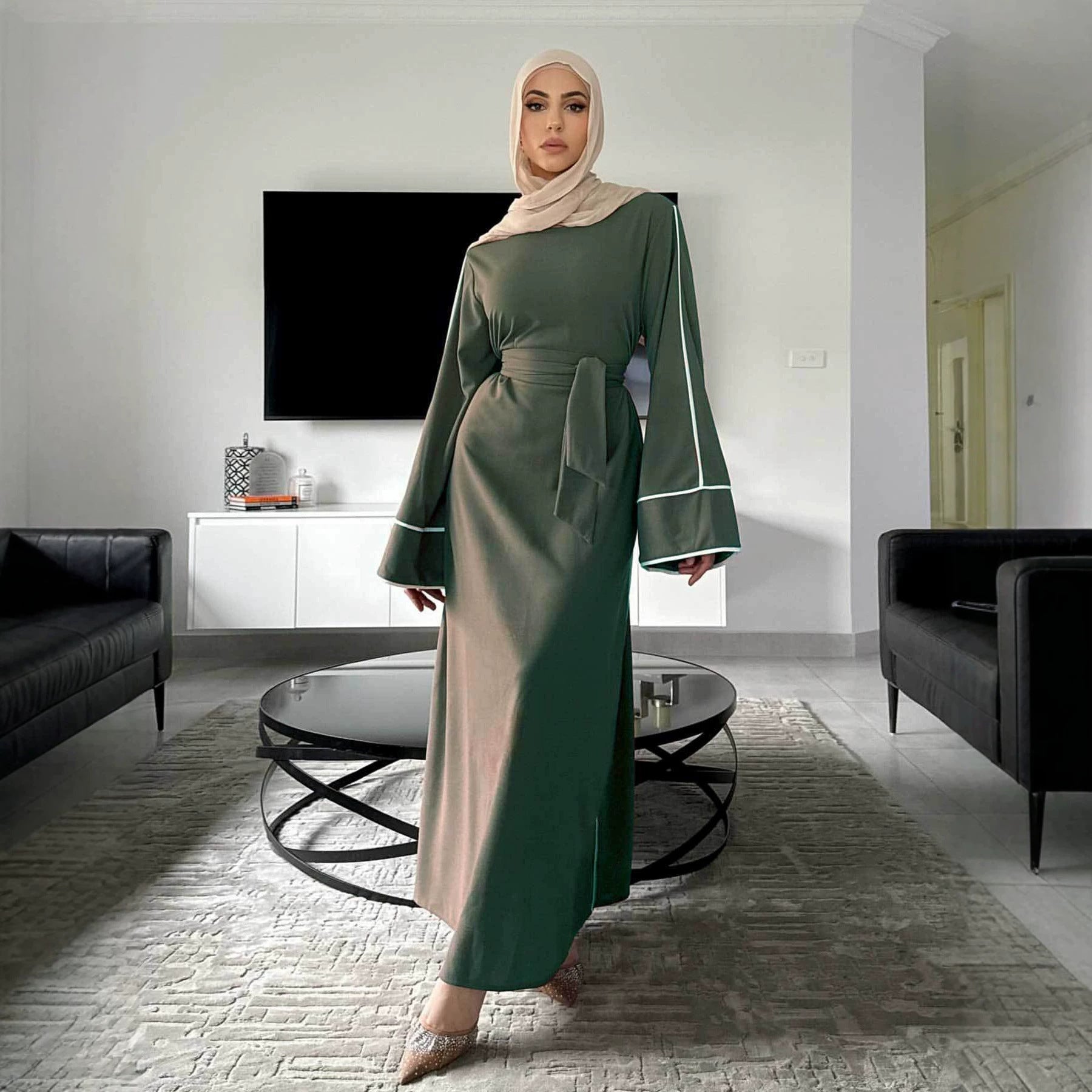 Coffee and Green Tie-Waist Maxi Abaya Dress with Belt