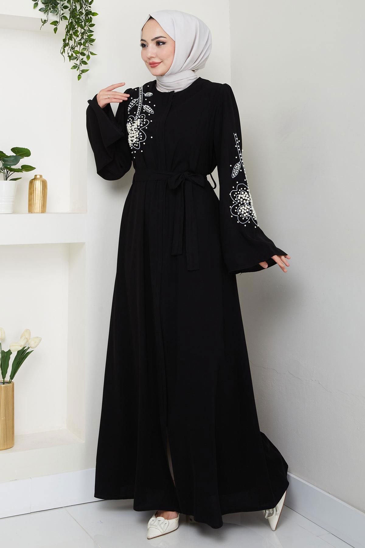 Black Zippered Embroidered Open Outerwear Maxi Abaya Dress Jalabiya Modest Long Dress for Eid Ramadan Evening Party Gown S-XXL