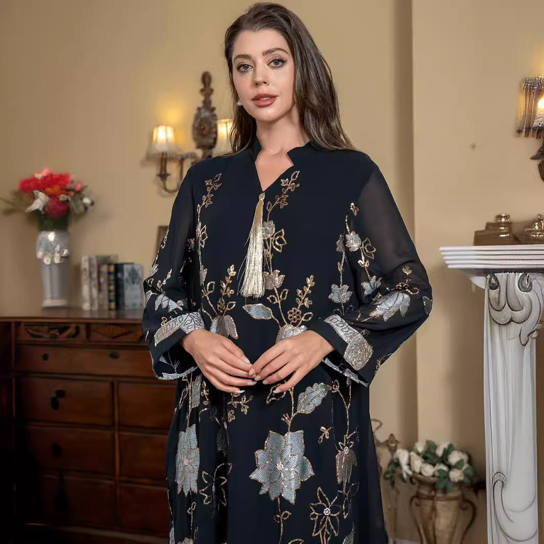 2026 Trending Modest Formal Abaya Black Tone Gradient Floral Sequin Embroidery V Neck Tassel Pendant Sheer Long Sleeve Long Dubai Robe Plus Size For UAE Saudi GCC Ramadan & Nikkah Ceremony