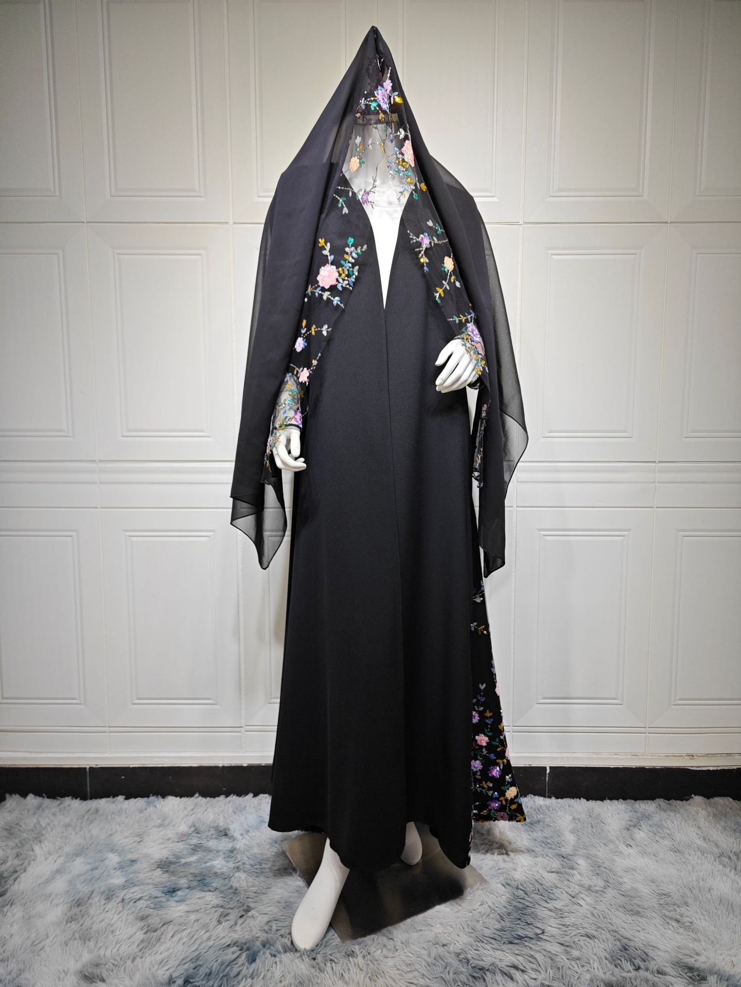 Black Floral Print Open Outerwear Long Maxi Abaya with Hijab Set