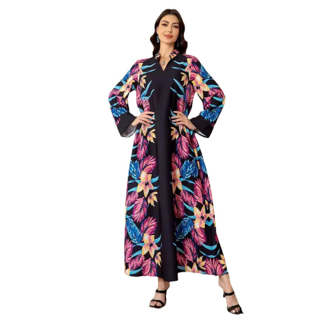 Black Floral Print Modest Abaya Dress - Long Sleeve Everyday Robe