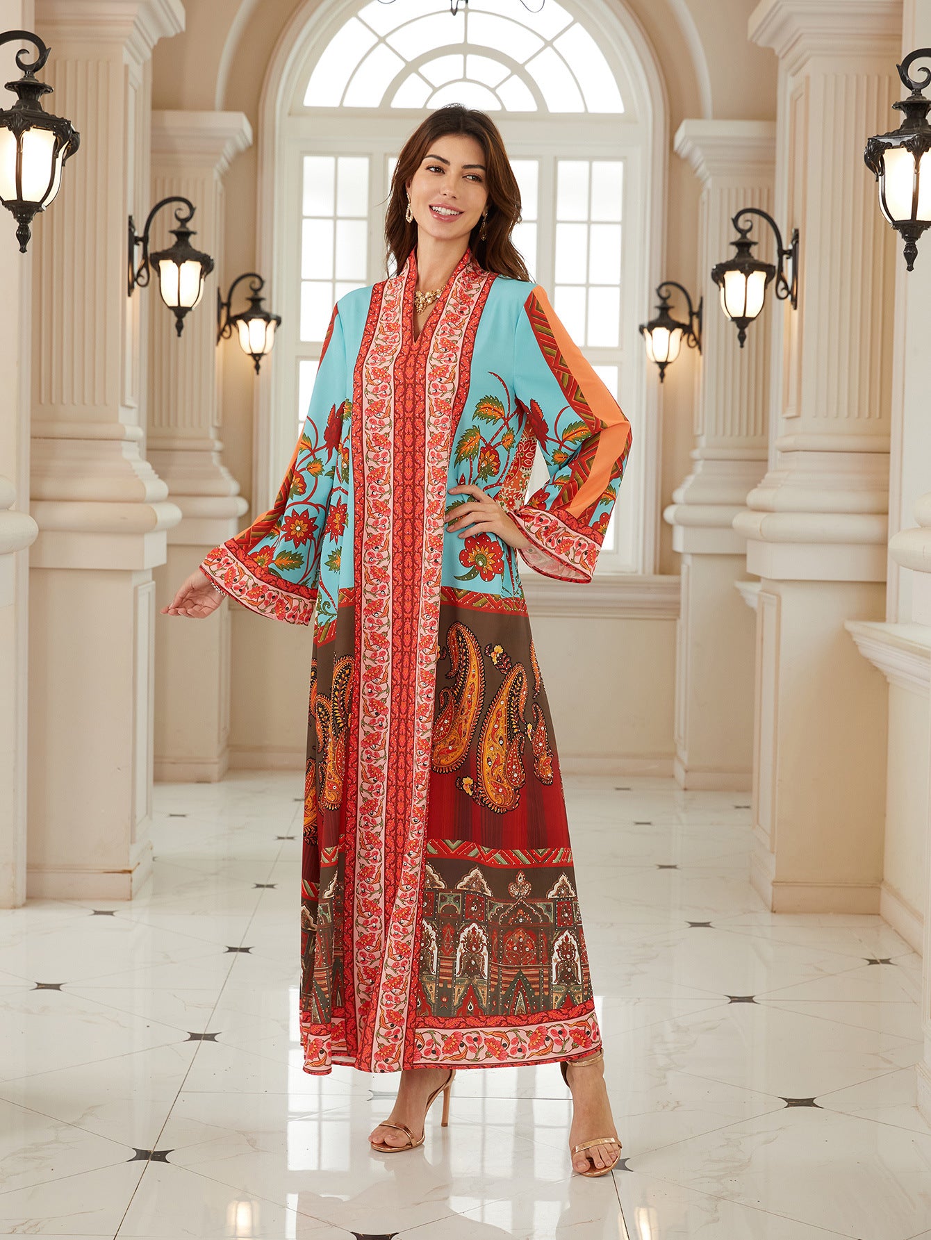 Radiant Floral V-Neck Kaftan – Elegant Modest Maxi Dress