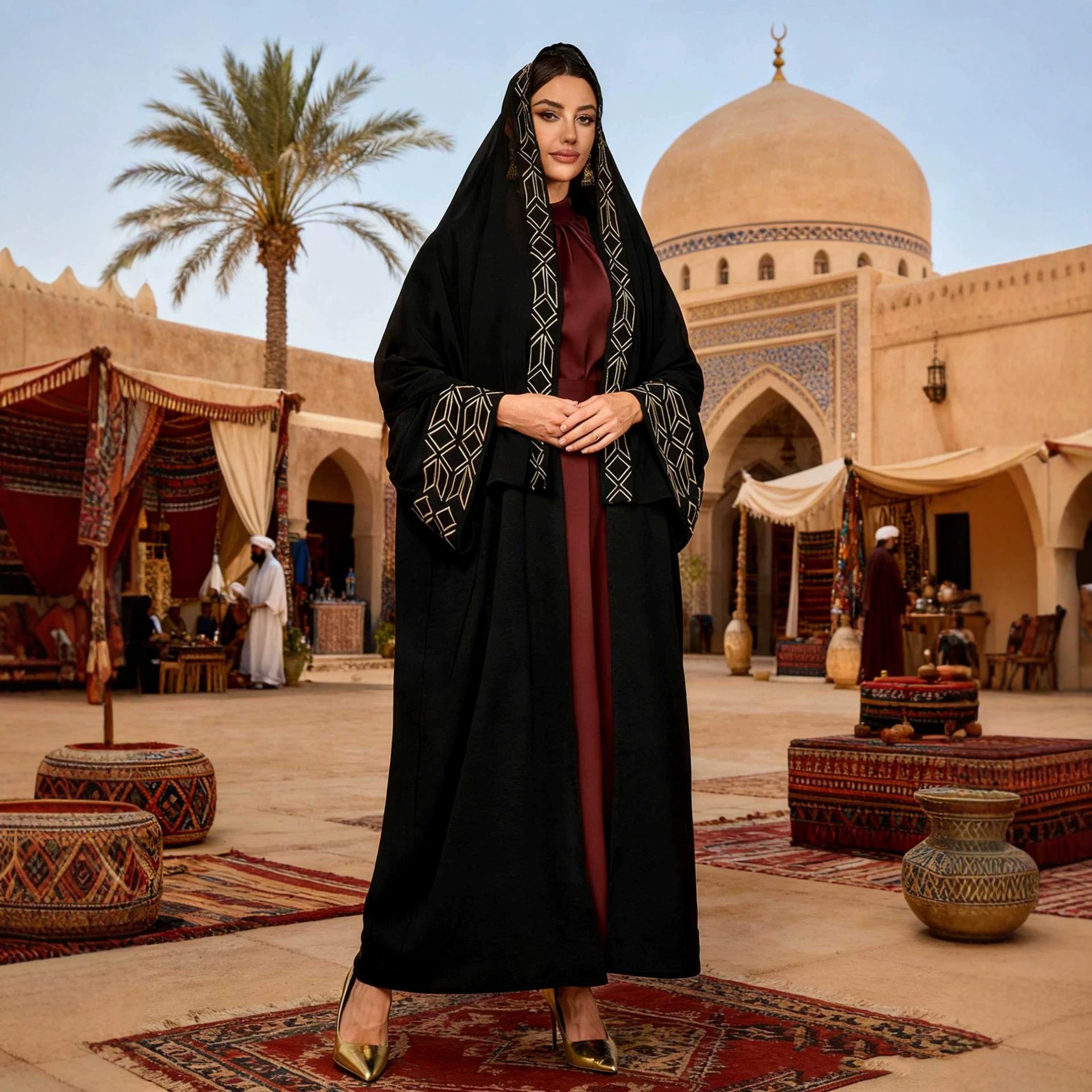 Black Embroidered Open Outerwear Maxi Abaya Dress with Hijab Two-Piece Set - Free Size