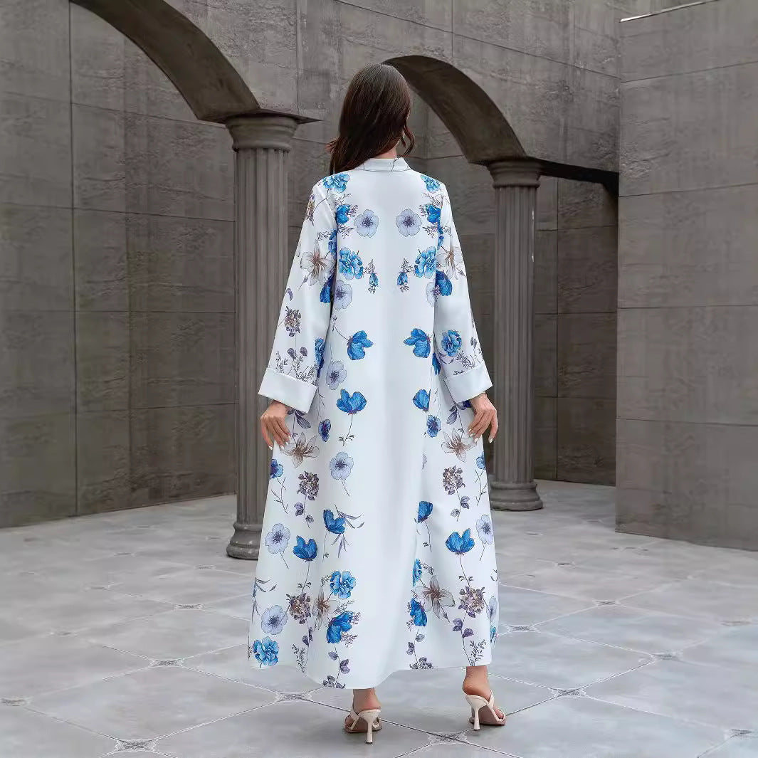 Light Blue Rhinestone Mandarin Collar Embroidered Maxi Abaya Dress