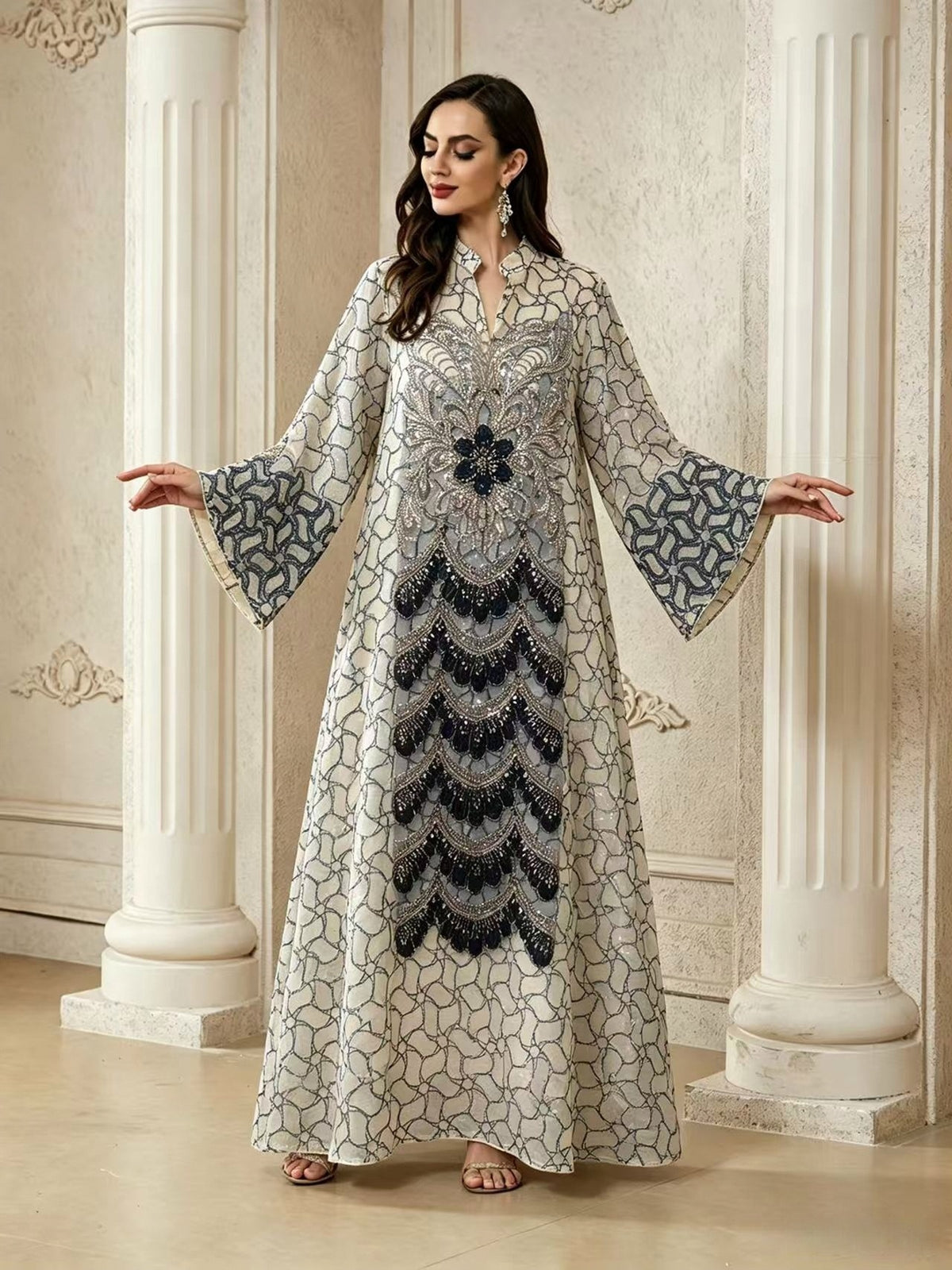 Premium Embroidered Floral Mesh Maxi Abaya Gown for Muslim Women Elegant Arabic Kaftan Robe Eid Ramadan Evening Party Dress