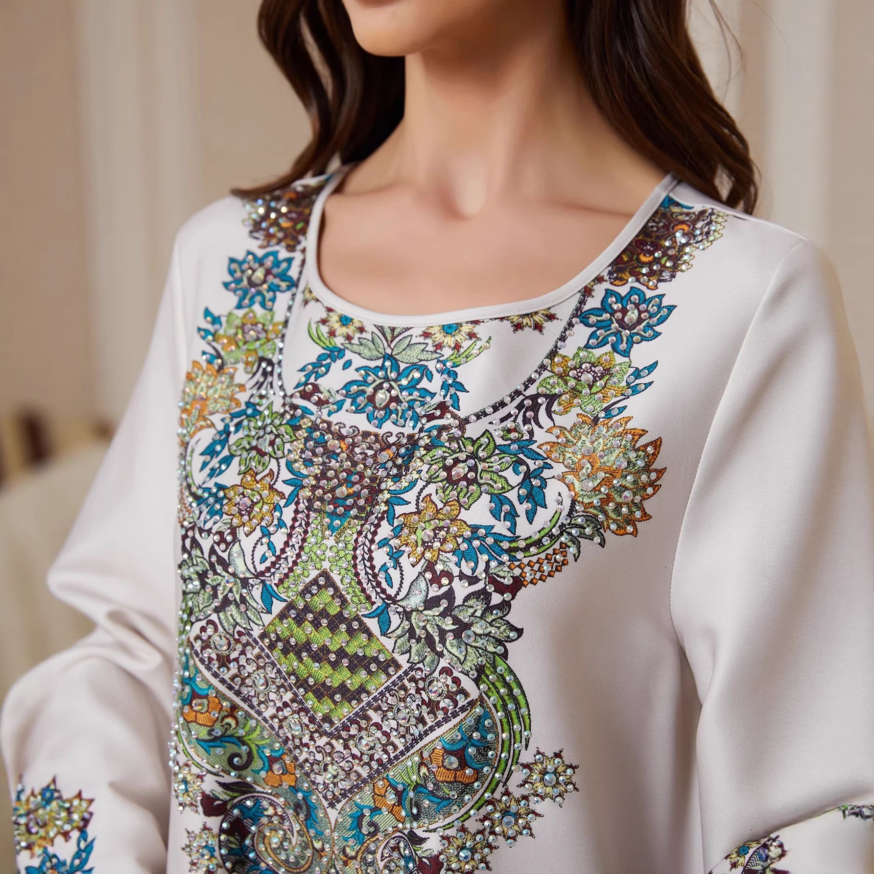 White Satin Muslim Abaya Long Sleeve Ethnic Paisley Print Maxi Dress Modest Islamic Kaftan Gown Free Worldwide Shipping