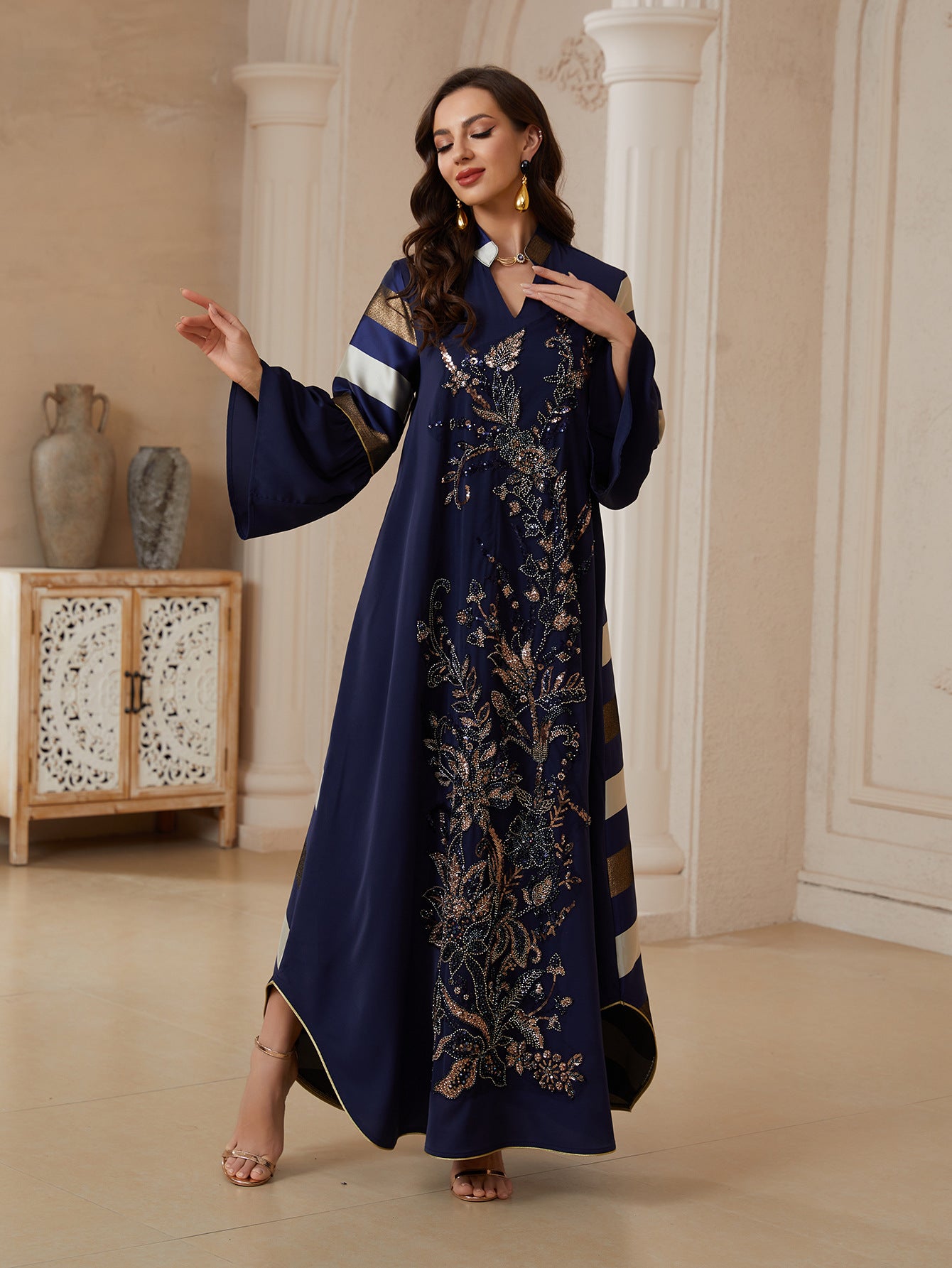 Women's 2026 New Loose Striped Dress with Heavy Sequin Splicing Design