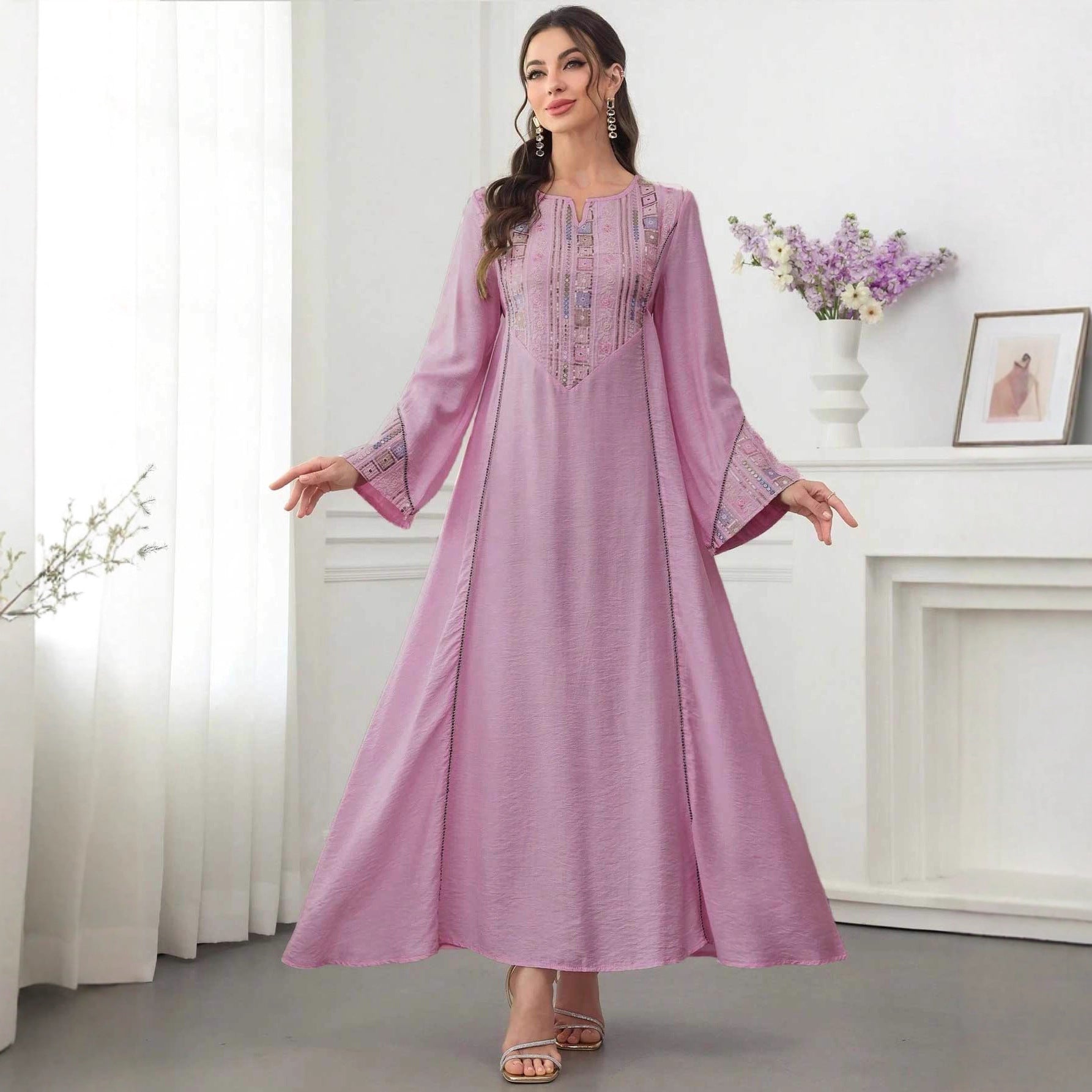 Sequin Embroidered Long Dress with Cover-Up Jalabiya Modest Long Maxi Dress for Muslim Women Ramadan Prayer Casual Wear S-XXL
