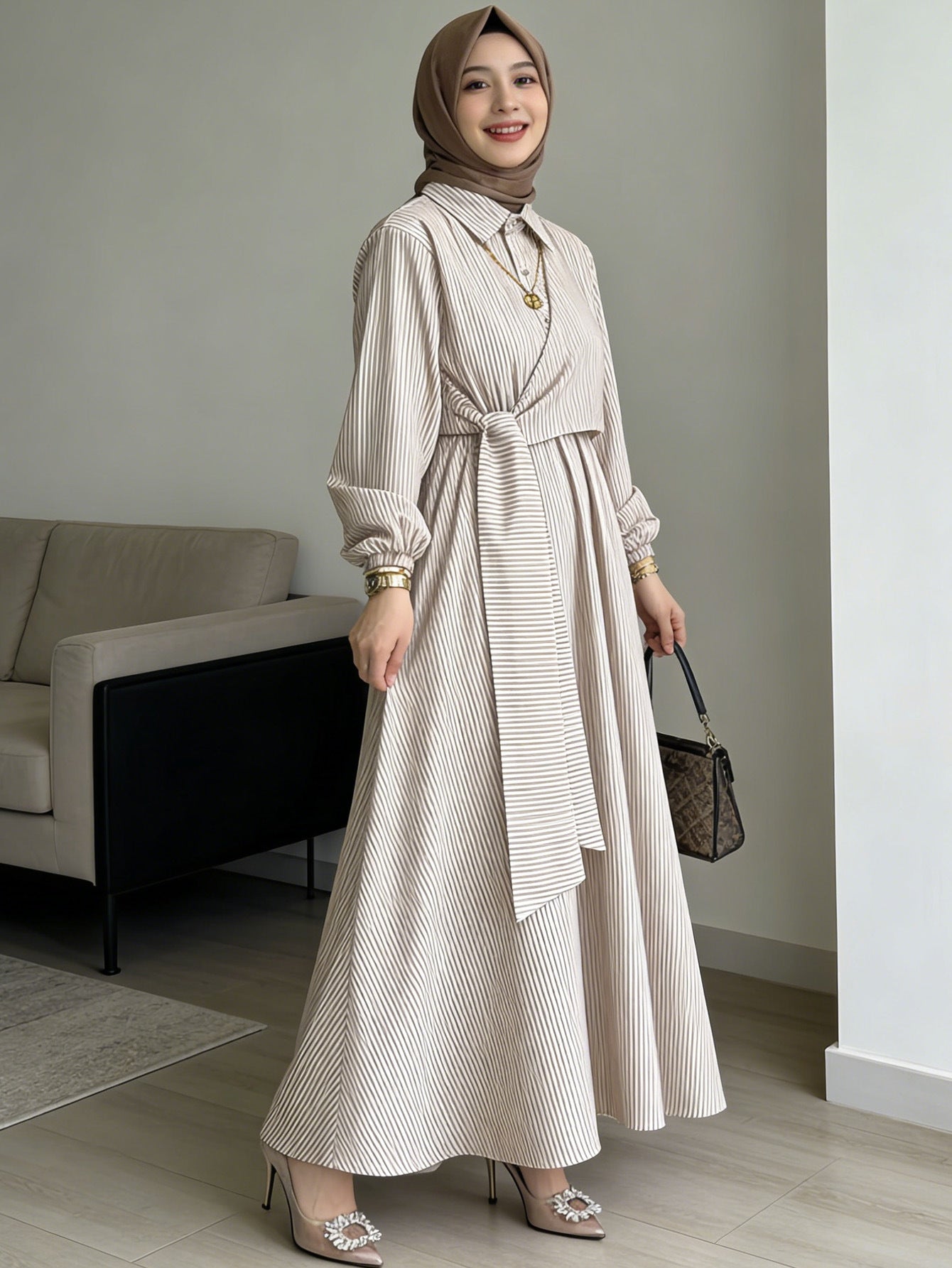 Striped Belted Button-Down Shirt Collar Faux Two-Piece Modest Maxi Dress Muslim Women Abaya Jalabiya Kaftan for Eid