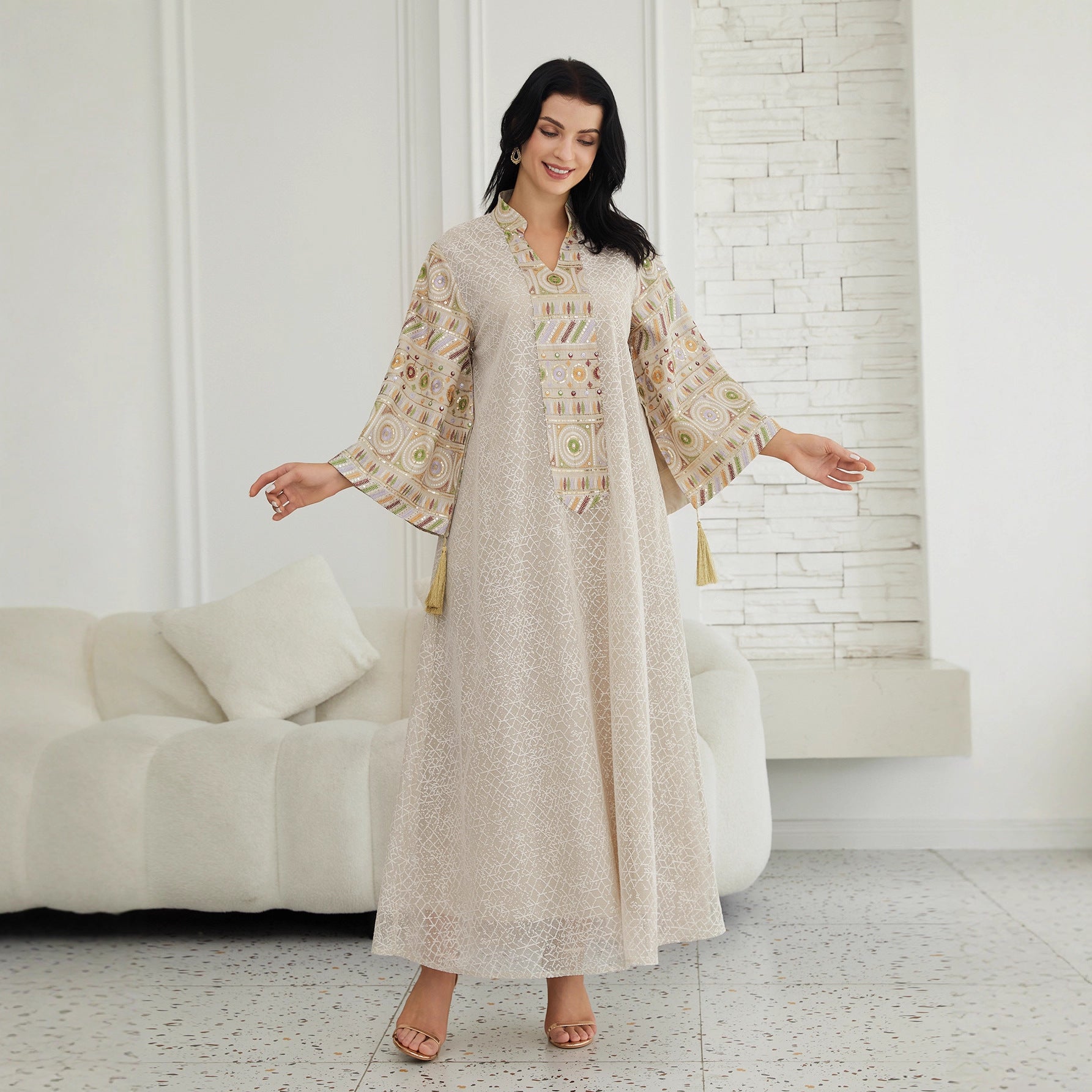 Gulf Islamic Modest Long Robe Off White All Over Mesh Geometric Texture Mandarin Collar Multicolor Geometric Sequin Embroidery Cuff Tassel Oversize Flare Sleeve Dubai Abaya For Ladies Formal Evening Occasion