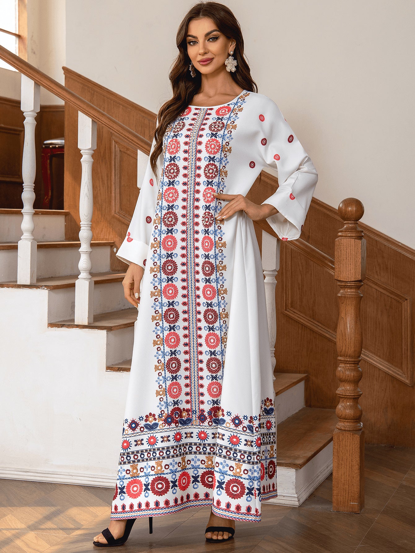 Elegant Red Printed Gold Foil Beaded Maxi Abaya Jalabiya Modest Long Robe for Muslim Women Eid Ramadan Daily Wear Loose Floor Length Dress S-XXL