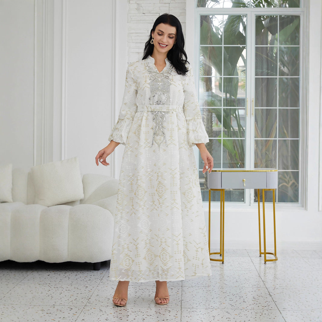 Neutral Ivory Viral Gulf Artisan Slip-On Modest Tunic Lustre Cream Gloss Woven Textile Full Faint Vintage Metallic Geo Embossed Texture Slit Tiny Mandarin Standing Neck Central Front Hand Mounted Oversized Clear Rhinestone Statement Appliqué Layered