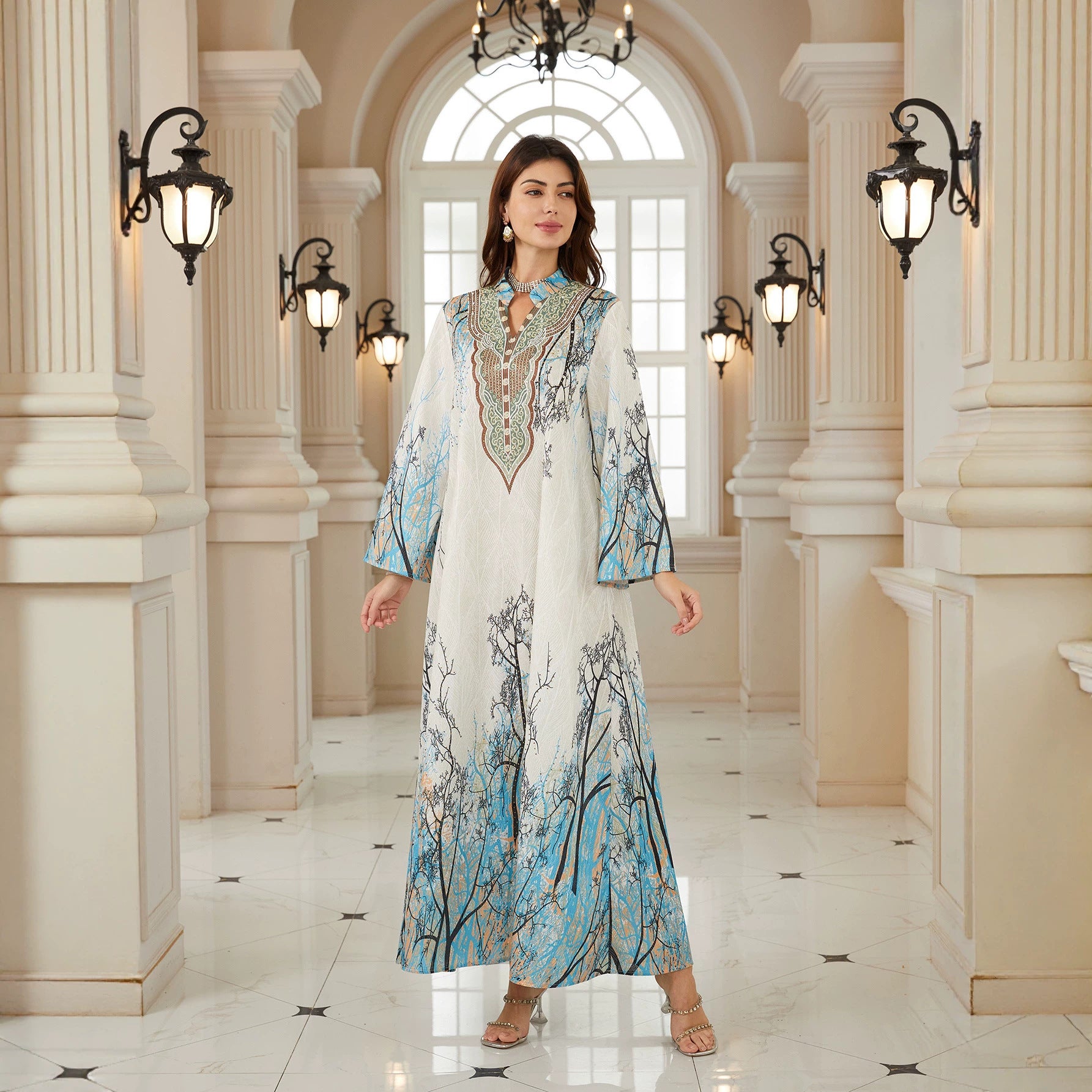 White Base Blue Tree Branch Print Stand Collar Abaya Long Flare Sleeve V Neck Decorative Embroidery Modest Muslim Women Full Length Kaftan Dress For Daily Ramadan Party