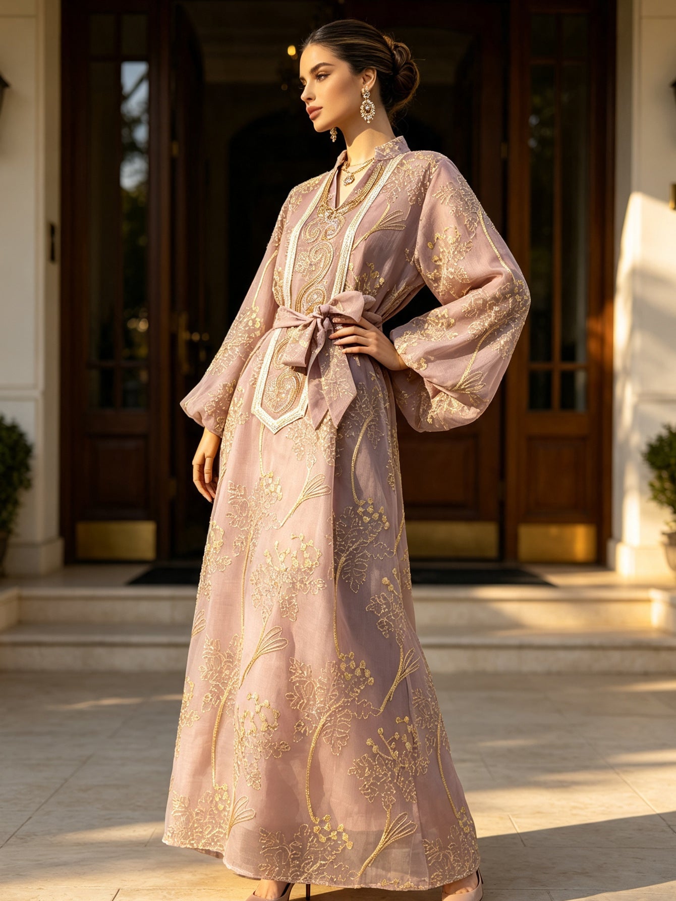 Luxury Gold Embroidered High Neck Abaya Dress Lantern Sleeve Belted Kaftan Modest Long Maxi Evening Gown Eid Ramadan S-XXL