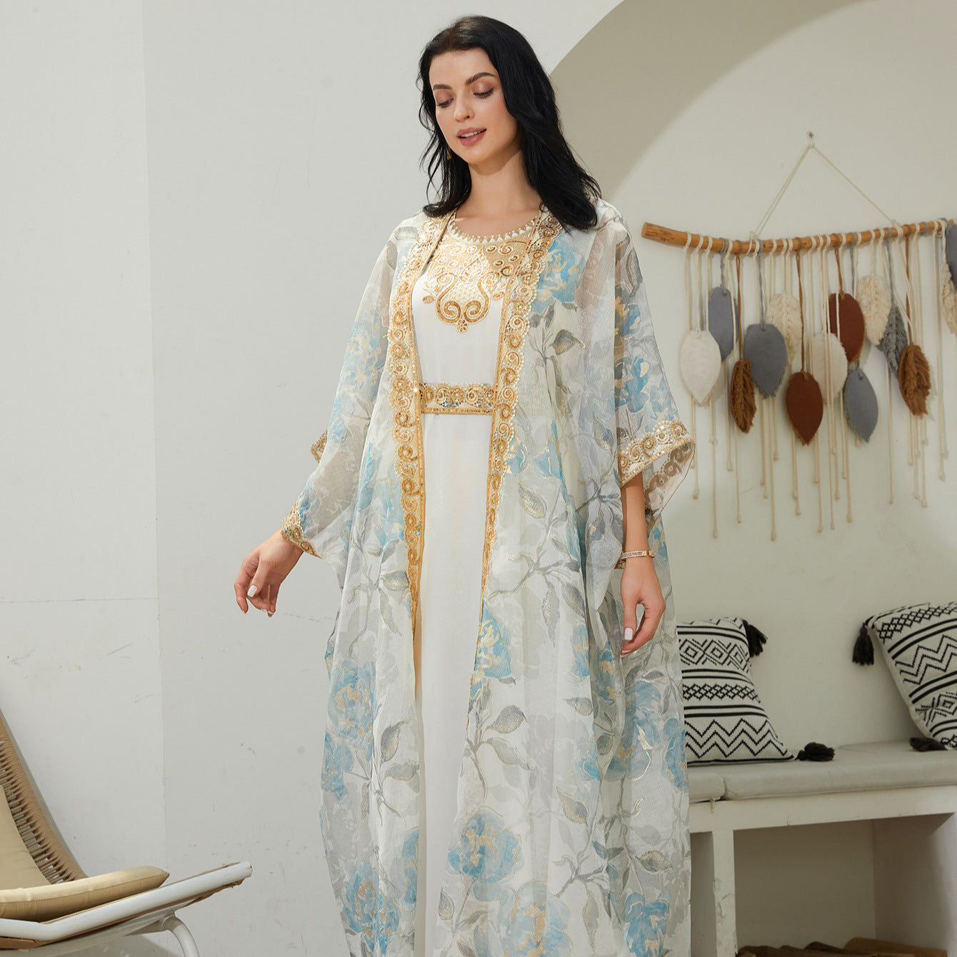 Women 2 Piece Dubai Modest Outfit Light Blue Gold Floral Sheer Chiffon Kimono Open Abaya With Gold Thread Embroidery Belted Inner Maxi Dress Gulf Luxury Layering Kaftan Set For Eid Ramadan Nikkah Wedding Banquet
